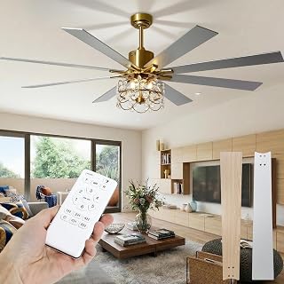 72 Inch Gold Larger Ceiling Fan with lights, Modern Crystal Ceiling fan with Remote, 8 Blade, 6-Speed, Timer, Whisper-Quiet Reversible DC Motor for High Ceilings, Great Rooms, Living Room