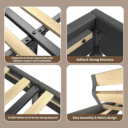 Miniatura 7 de Base de cama tamaño Queen con cabecero, marco de cama tapizado tamaño Queen, tela suave de peluche, cabecera tapizada en forma de malvavisco de nube