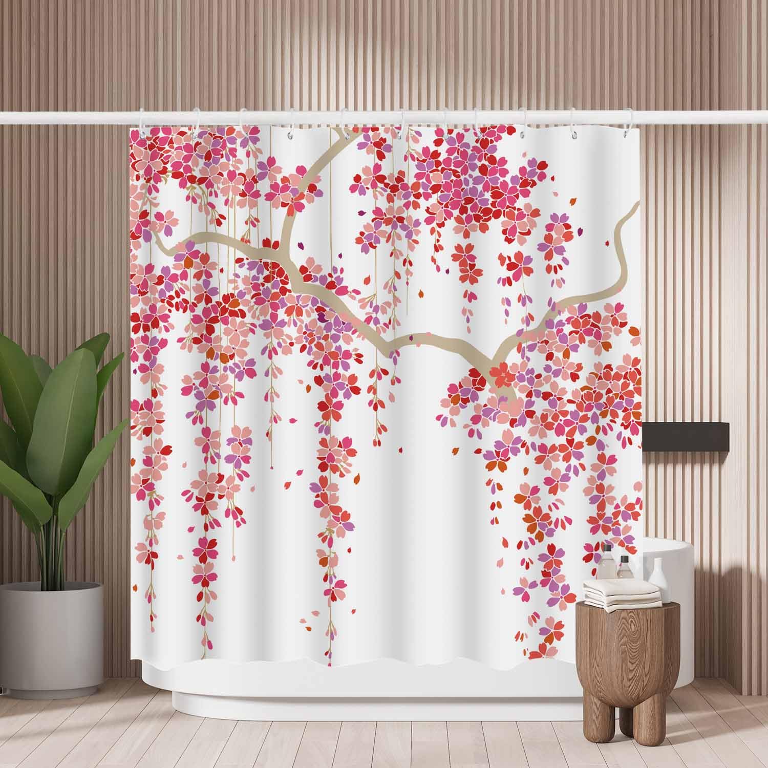 Woutay Shower Curtain Water Repellant Fabric Red Flower Tree,Mould Proof Resistant,Polyester,with 12 Plastic Hooks