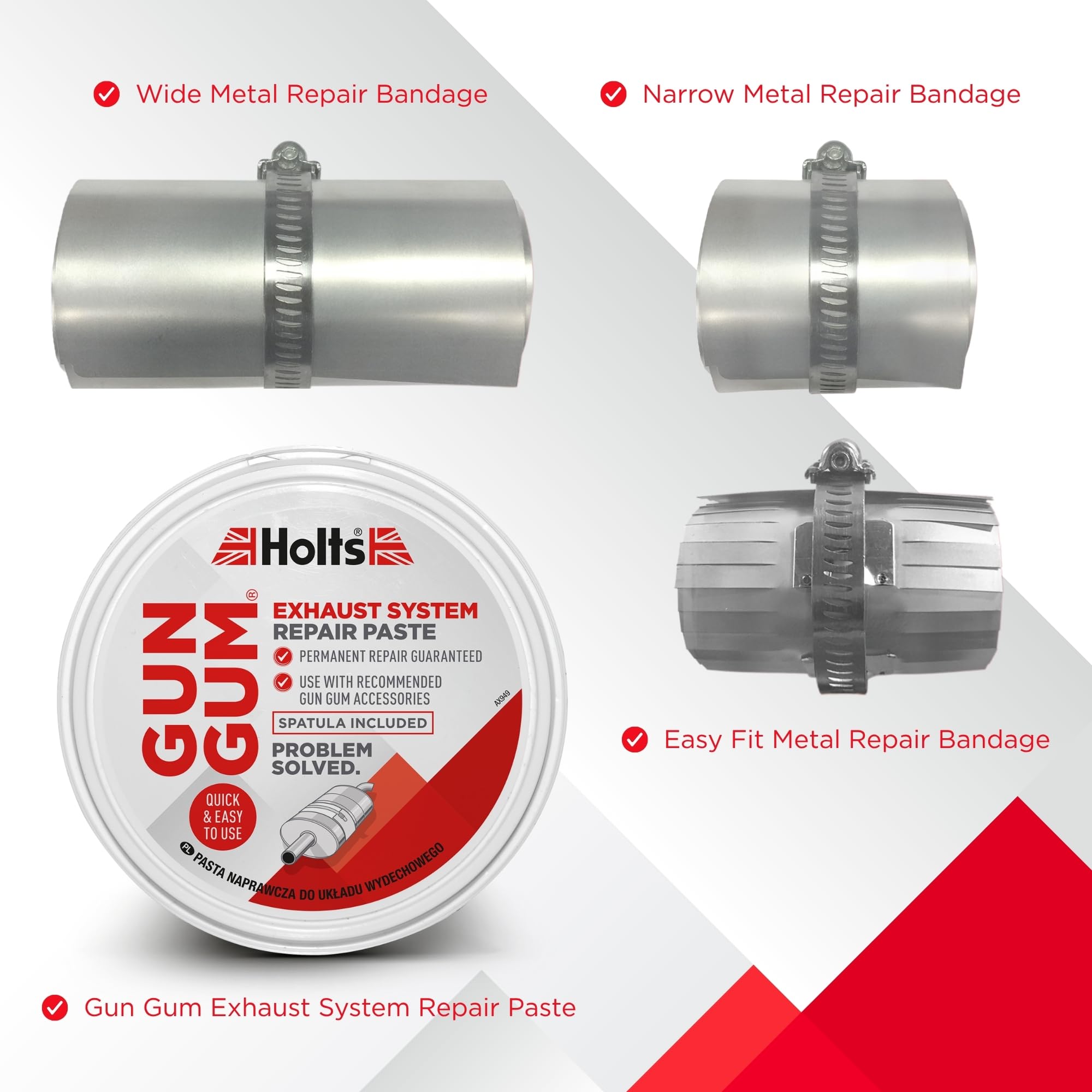 Holts Gun Gum Exhaust Repair Kit Permanent Gas-Tight Exhaust Fix Repair Paste + 3 Metal Bandages MOT Repair Solution — view 2