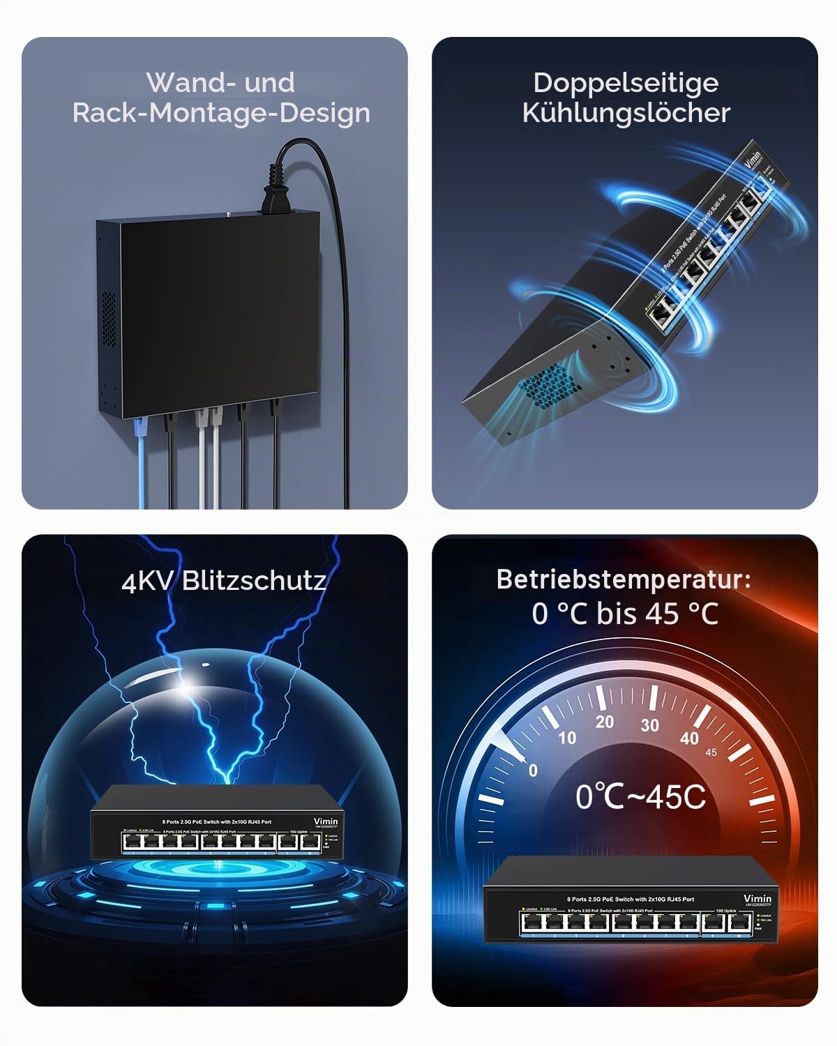 8 Ports 2,5G PoE+ Switch | 2 x 10G Uplink RJ45 Switch | 80 Gbit/s Switching-Kapazität | Plug & Play Nicht verwaltet | IEEE 802.3af/at-konform | 150 W PoE Switch für 2.5G netzwerke und PoE-Geräte
