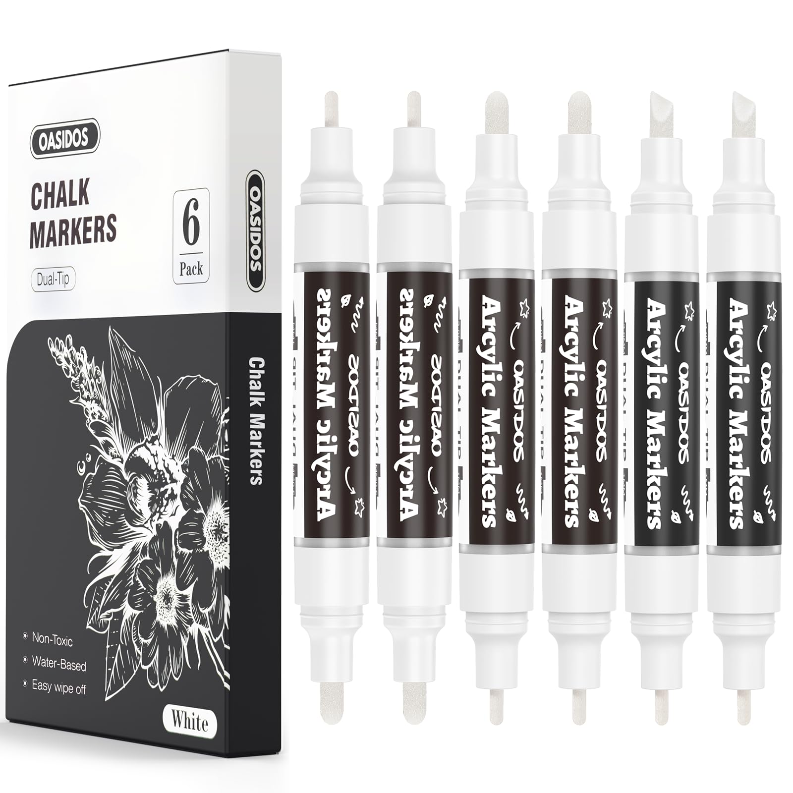 White Liquid Chalk Markers - 6 Pack Dual Tip Chalkboard Markers for Signs, Windows, Glass, Chalk Pens, Reversible Tips, 1mm Fine Tip, 3mm Medium Tip and 3-6mm Chisel Tip