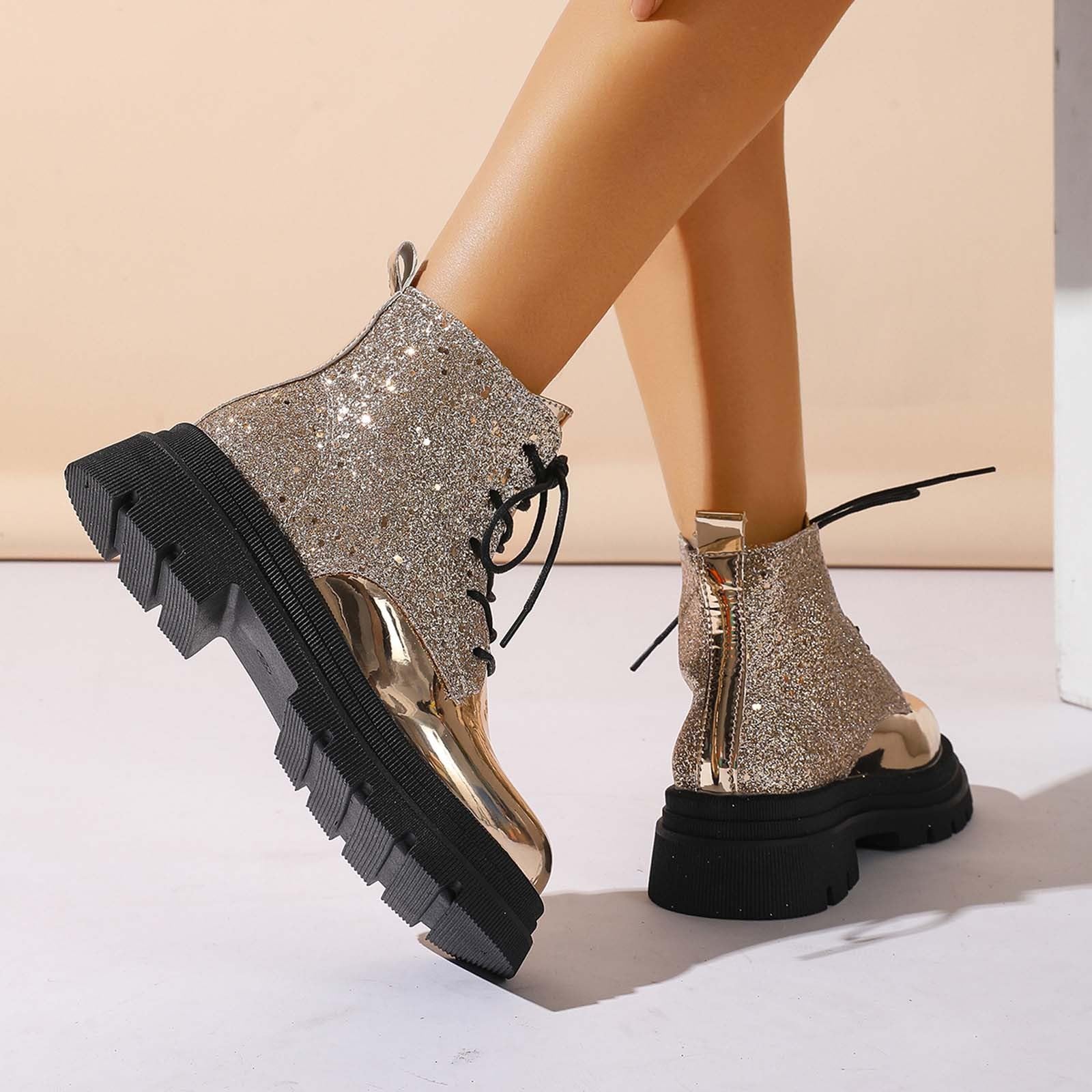 Elegantes Botines Con Punta Redonda Brillante Tacón Plataforma Cordones Estilo Occidental Para Mujer Botas de tobillo de moda para el día a día sólido