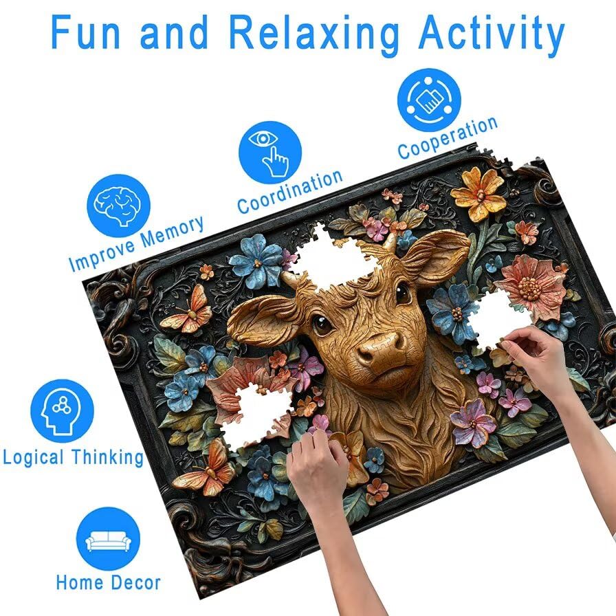 Puzzle 3000 Pièces Vache, Puzzle 3000 Pièces pour Adultes et Enfants à Partir de 14 Ans, Fleur Puzzles Bois avec Une Boîte d'Emballage Exquise, Puzzles pour Décoration Murale, Idee Cadeau Femme, -5682
