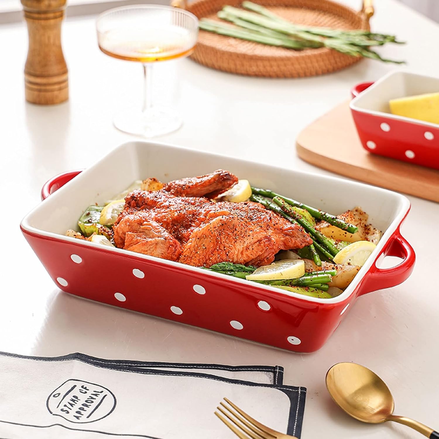 ベーキングパン セラミックベーキングディッシュ、磁器ローストラザニアパン、ハンドル付き耐熱皿 長方形の皿 キッチンでの日常使用 レッ