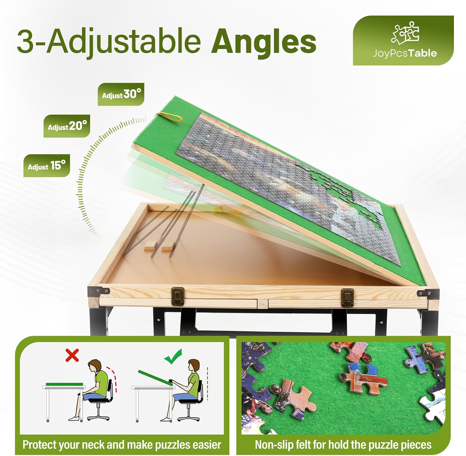 Adjustable Height Puzzle Table with Drawers 1500 Pieces , 39.4" H Folding Puzzle Tables for Adults with Clear Cover, 3-Angle Tilting Puzzle Board, 5-Level Adjustable Height for Standing, No Assembly