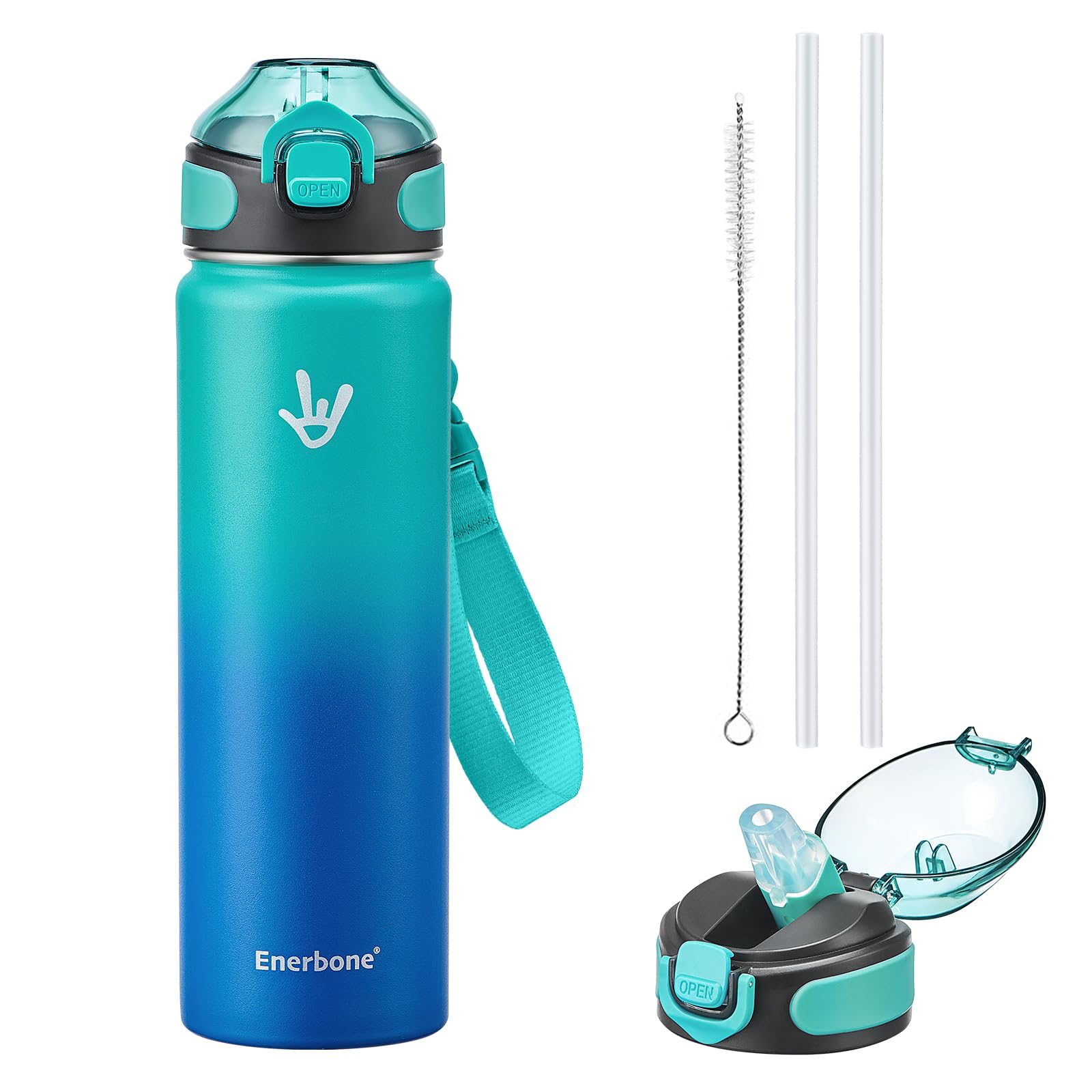Enerbone 24 oz Insulated Water Bottle, Stainless Steel Bottle with Carrying Strap, Double-Wall Vacuum Insulation Design, Leakproof Sports Bottle with