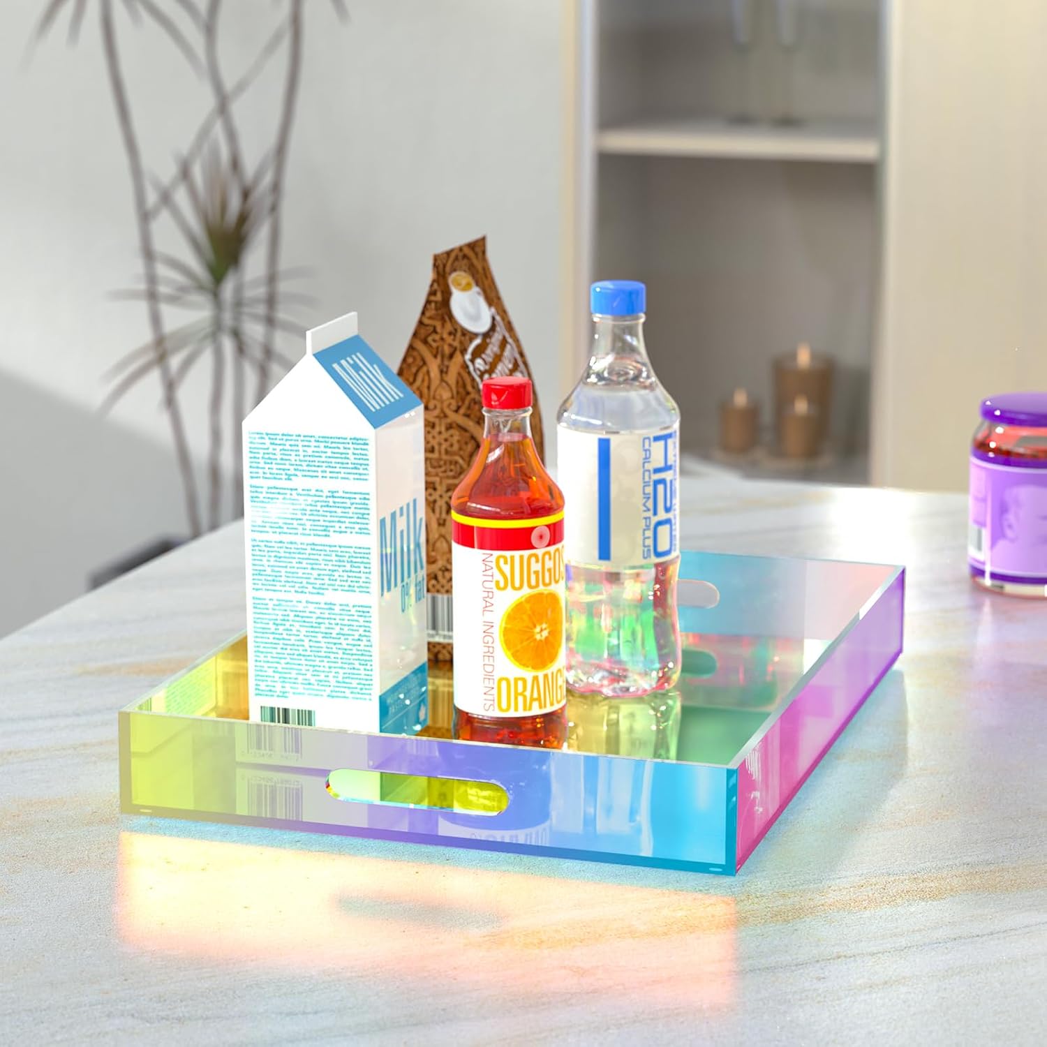 NiHome Iridescent Acrylic Serving Tray 16"x12" for Organizing, Decorative Vanity Tray Organizer with Handles & Silicone Pads,Large Ottoman Tray for Coffee Table,Bathroom,Living Room & Kitchen Tabletop