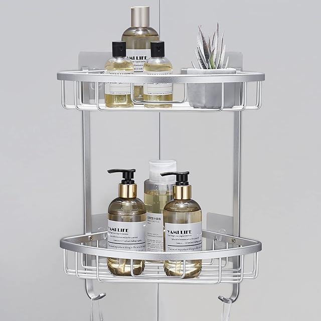 DUFU Shower Caddy No Drill Corner Shower Shelf Bathroom Corner Storage Shelves Wall Mounted Silver Rustproof Aluminum for Shower Kitchen - 6 Adhesive Sticker Included, 2 Tier (Silver)