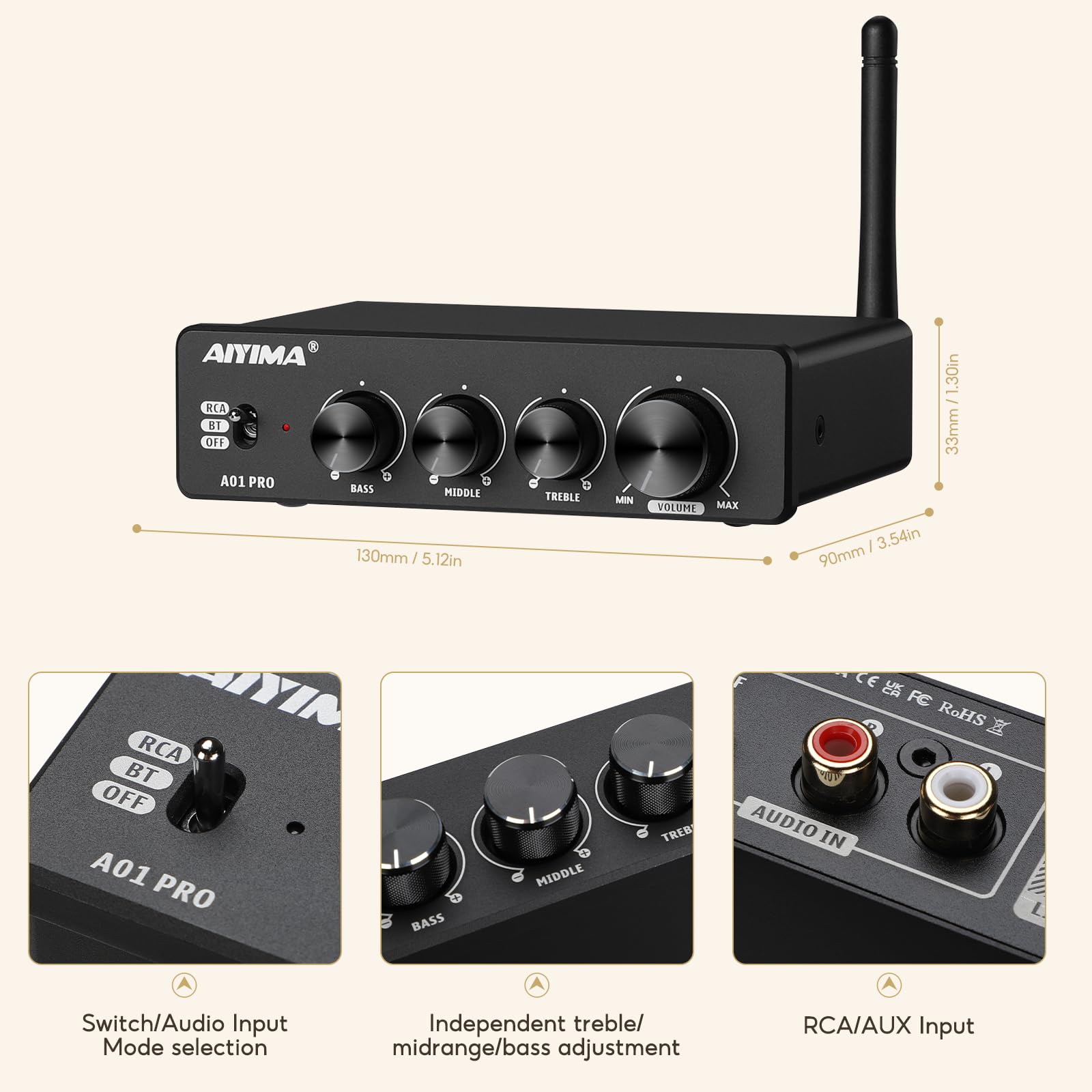 AIYIMA A01 Pro 100W x 2 Power Amplifier Bluetooth 5.1 Class D Amp TPA3116 2.0/2.1 Channel Stereo Amplifier Receiver Mini Speaker Amp with 3.5mm AUX Output + DC24V Power Adapter Black — Amazon image 5