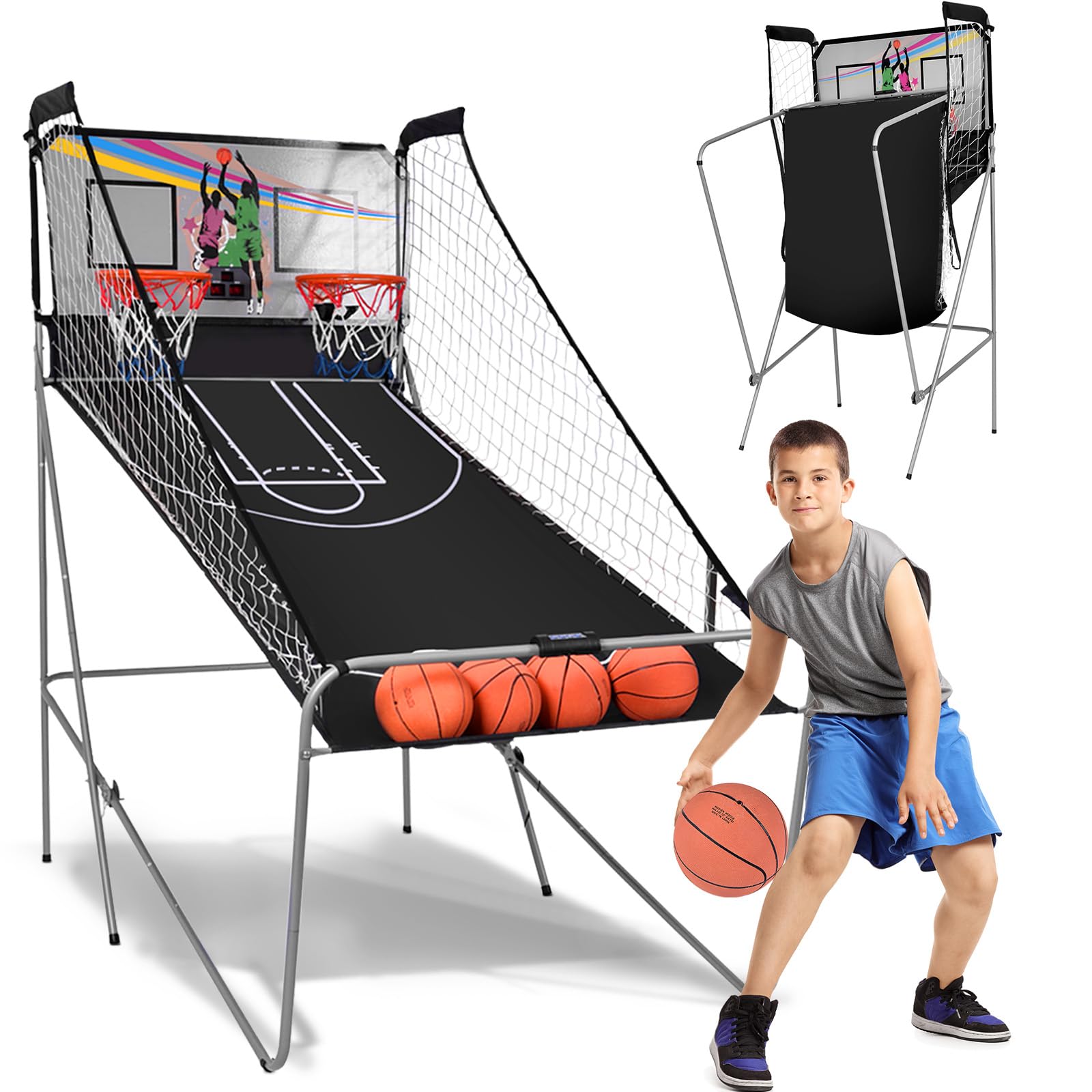 LIFEZEAL Gioco Arcade di Pallacanestro pieghevole, doppio cestino da Basket con 8 modalità di gioco e contatore per 2 persone, rete di sicurezza, telaio in metallo, 4 palloncini, 1 pompa (B)