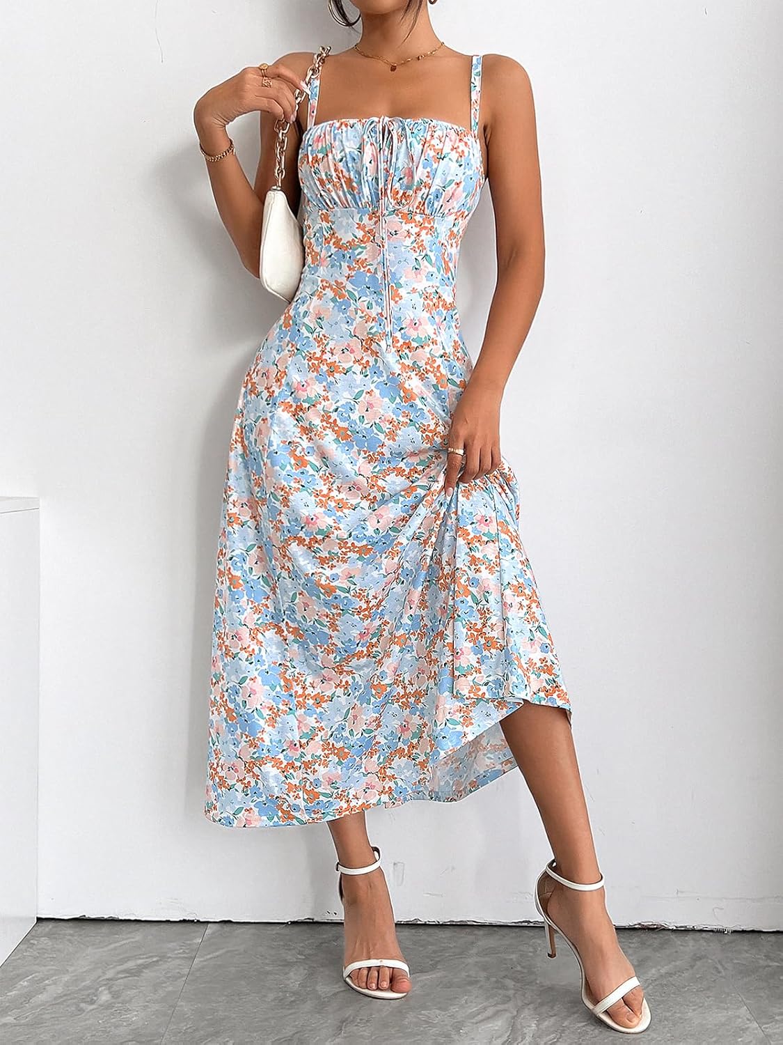 YATHON Women's Summer Midi Corset Boho Dresses Spring Casual Floral Spaghetti Straps Lace Up Dress Flowy Aline Beach Sundress - Image 5