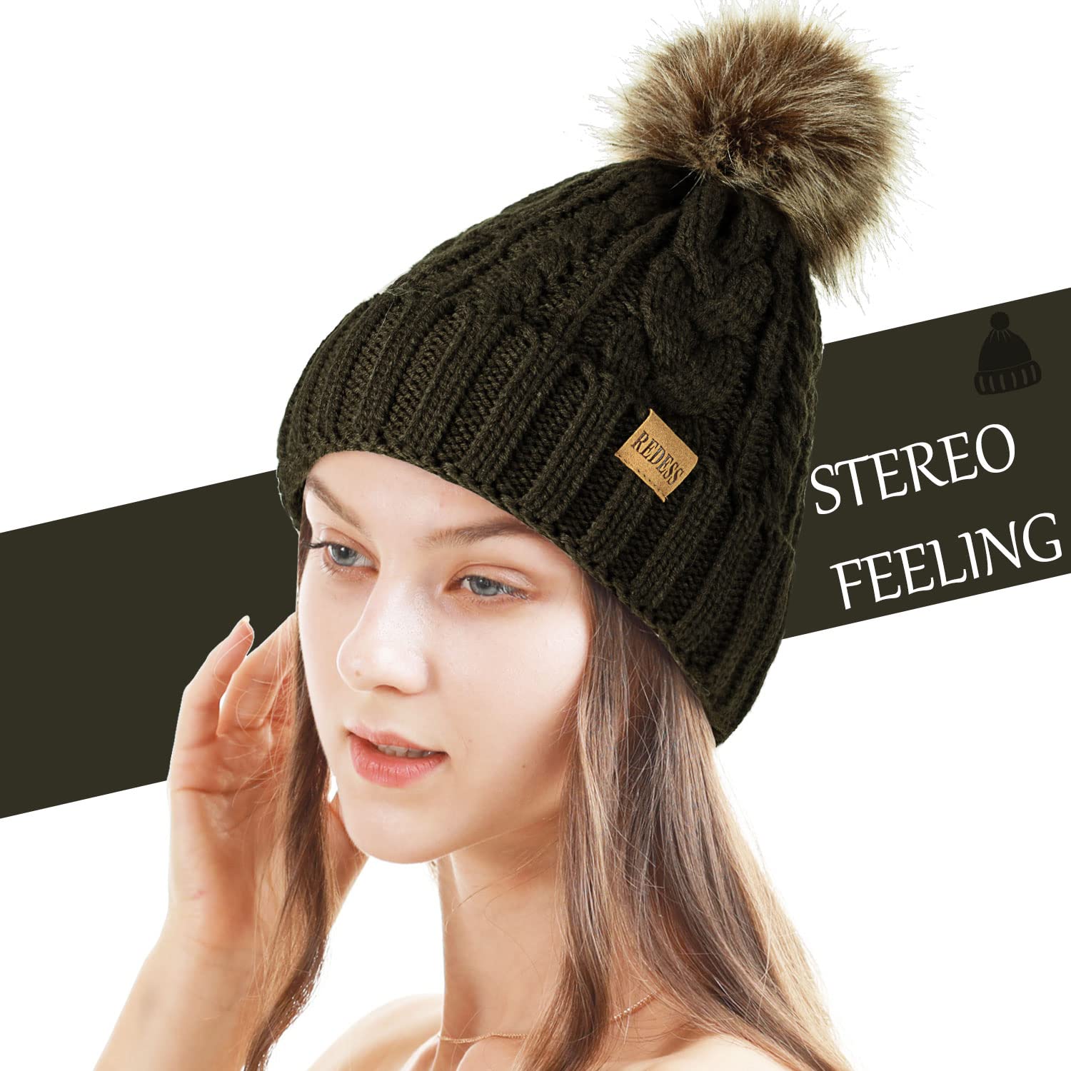 REDESS Cappello Invernale da Donna con Pom Pom Beanie Caldo Foderato in Pile Spesso Slouchy Snow Knit Chunky Baggy Skull Berretto da Sci
