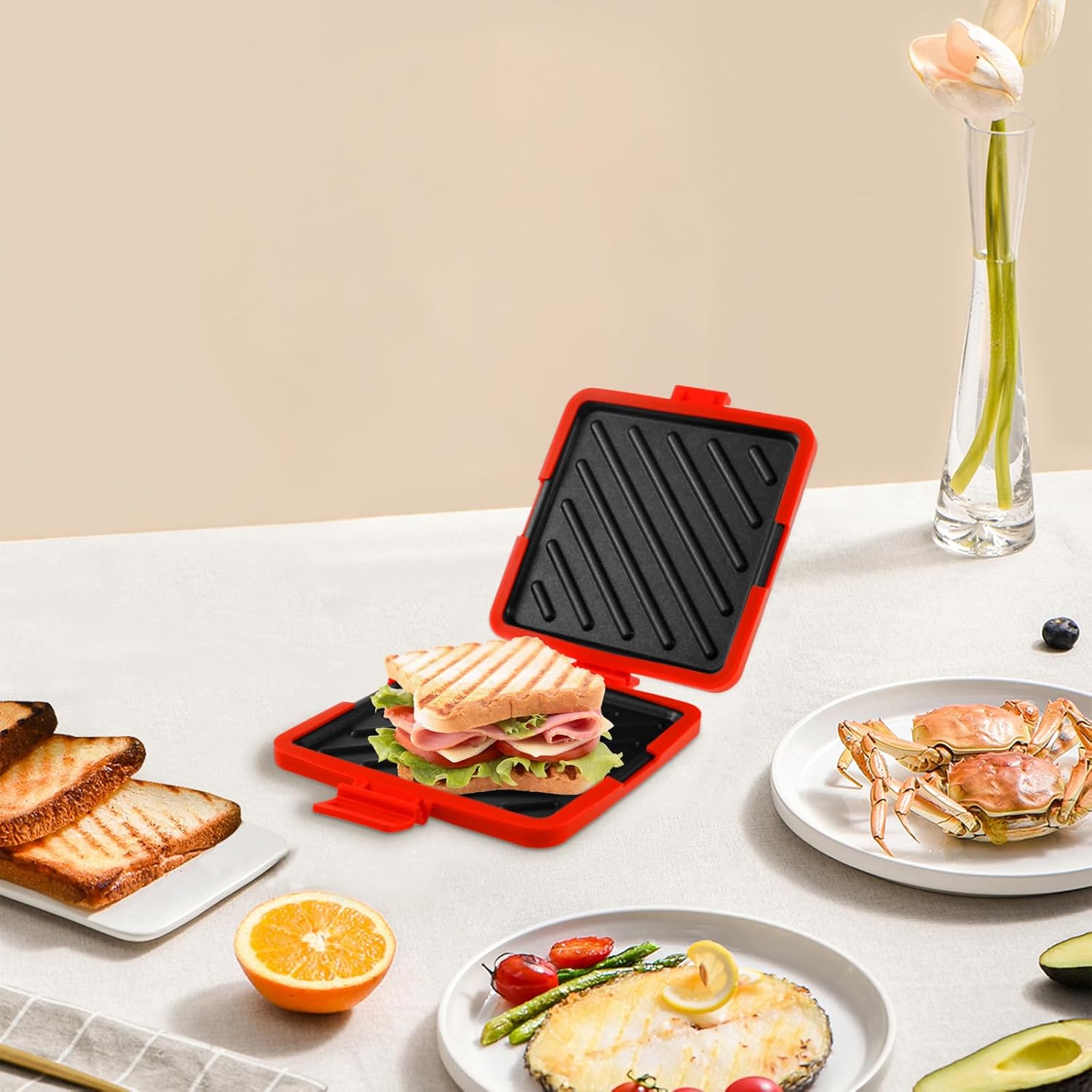 Microwave Toastie Sandwich Maker with Adjustable Silicone Straps Wireless Toastie Maker Nonstick Plate Heatwave Technology Sandwich Toaster for Cooking Delicious Crispy Sandwiches(red)