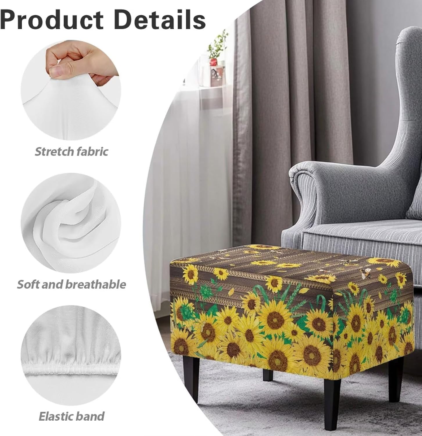 Talayituse Bee Sunflower Wood Print Ottoman Covers Slipcover Rectangle Ottoman Protector Covers with Elastic Band for Footrest Foot Stool Furniture, Machine Washable, Large
