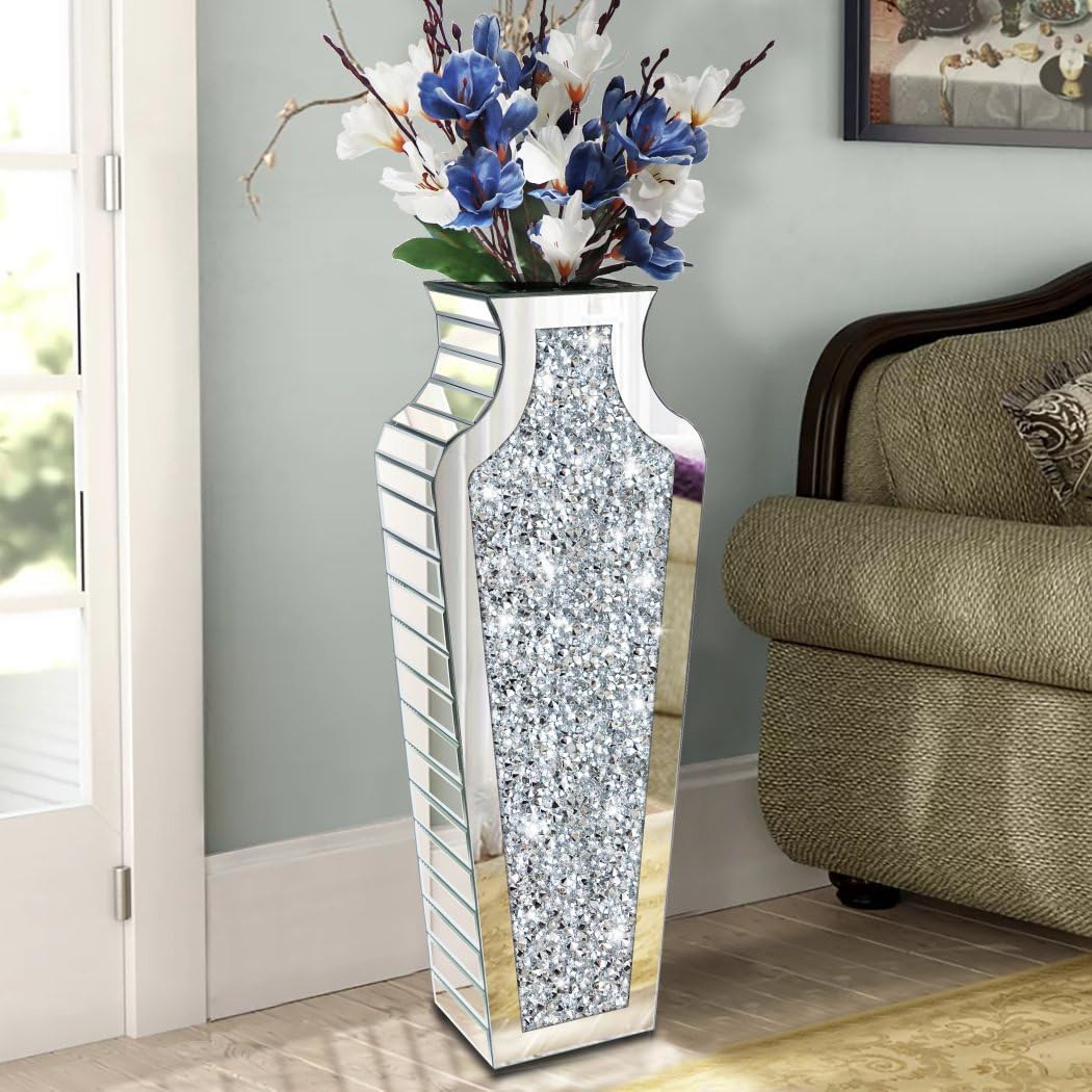 Floor Vase Crushed Diamond Mirrored Vase 27” Tall, Crystal Silver Glass Decorative Mirror Vase Large Size Luxury for Home Decor. Can’t Hold Water.