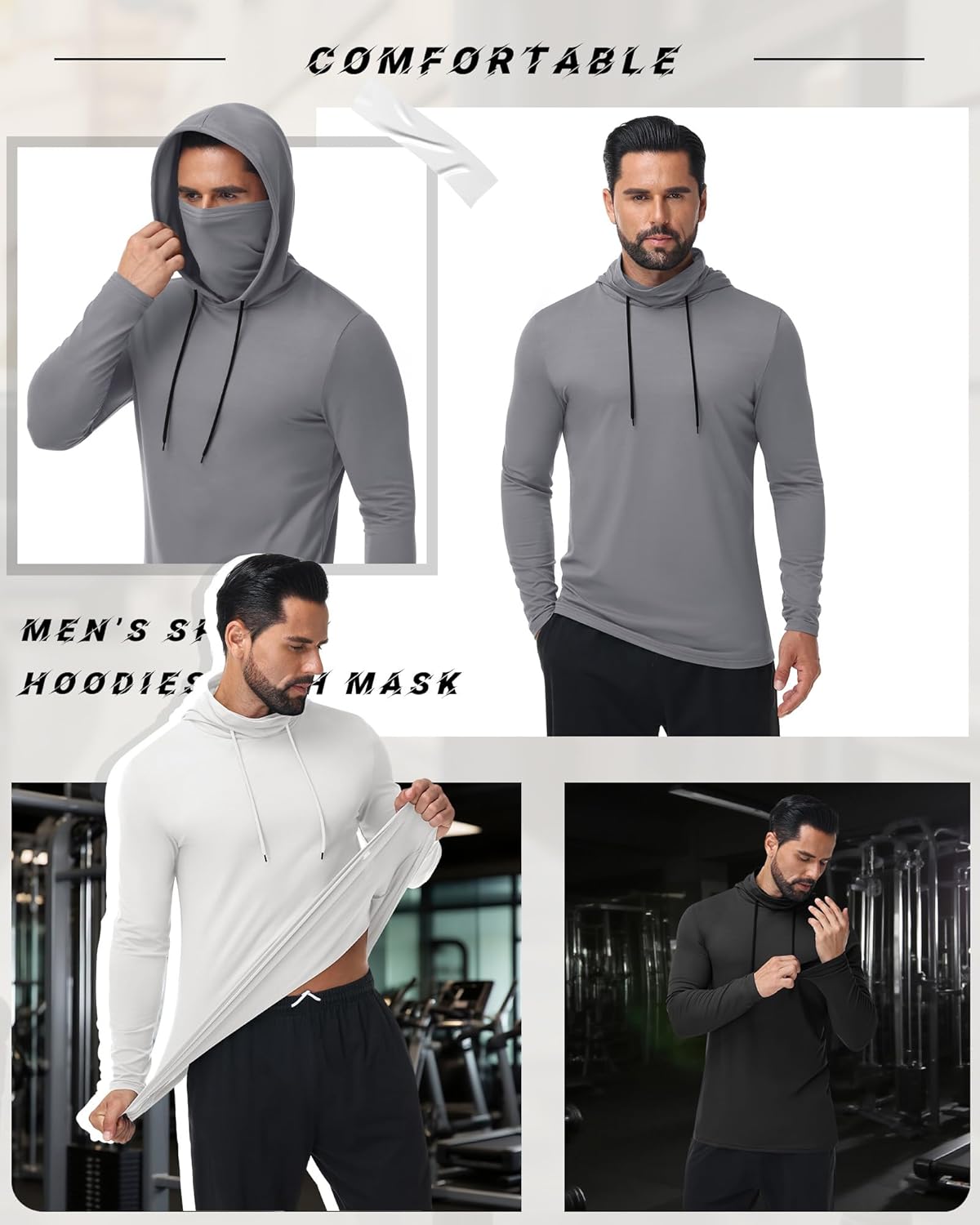 3 Pack Men's Sports Hoodies with Mask Compression Long Sleeve Thermal Shirts Base Layer Tees Running Pullover - Image 2