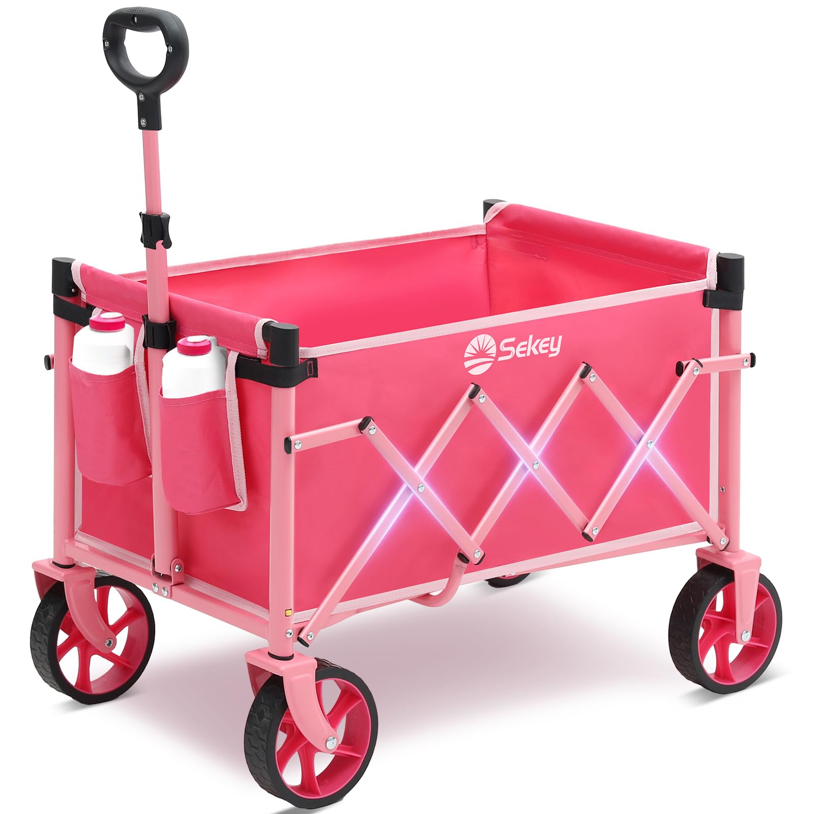Heavy Duty Wagon with Big Wheels, Foldable Cart with 220LBS Capacity, Utility Lightweight Wagon, Collapsible Grocery Shopping Cart for Camping Sports & Holiday. Pink