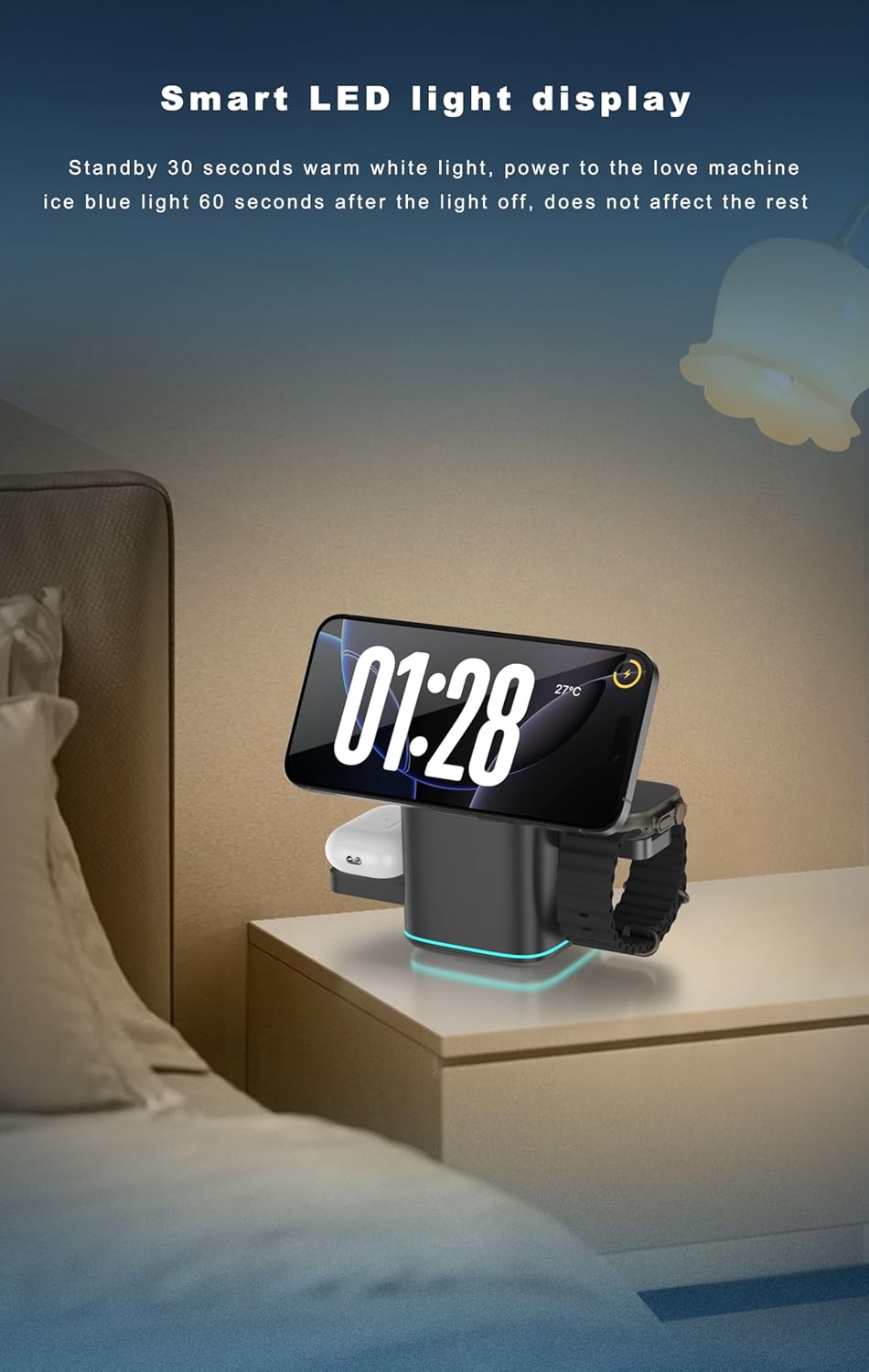 Qi2 Wireless Charging Stand with LED Indicator, Dual Device Mount, Space Gray (Black)