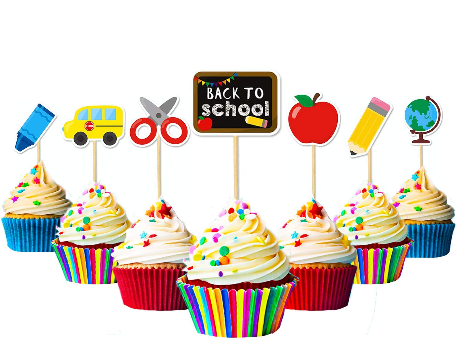 Party Pals Back To School Cupcake Toppers | Classroom Decorations Supplies | First Day of School Accessories | Children Kids Teens | Office School Cute Cake Topper | Teacher Decor Ideas