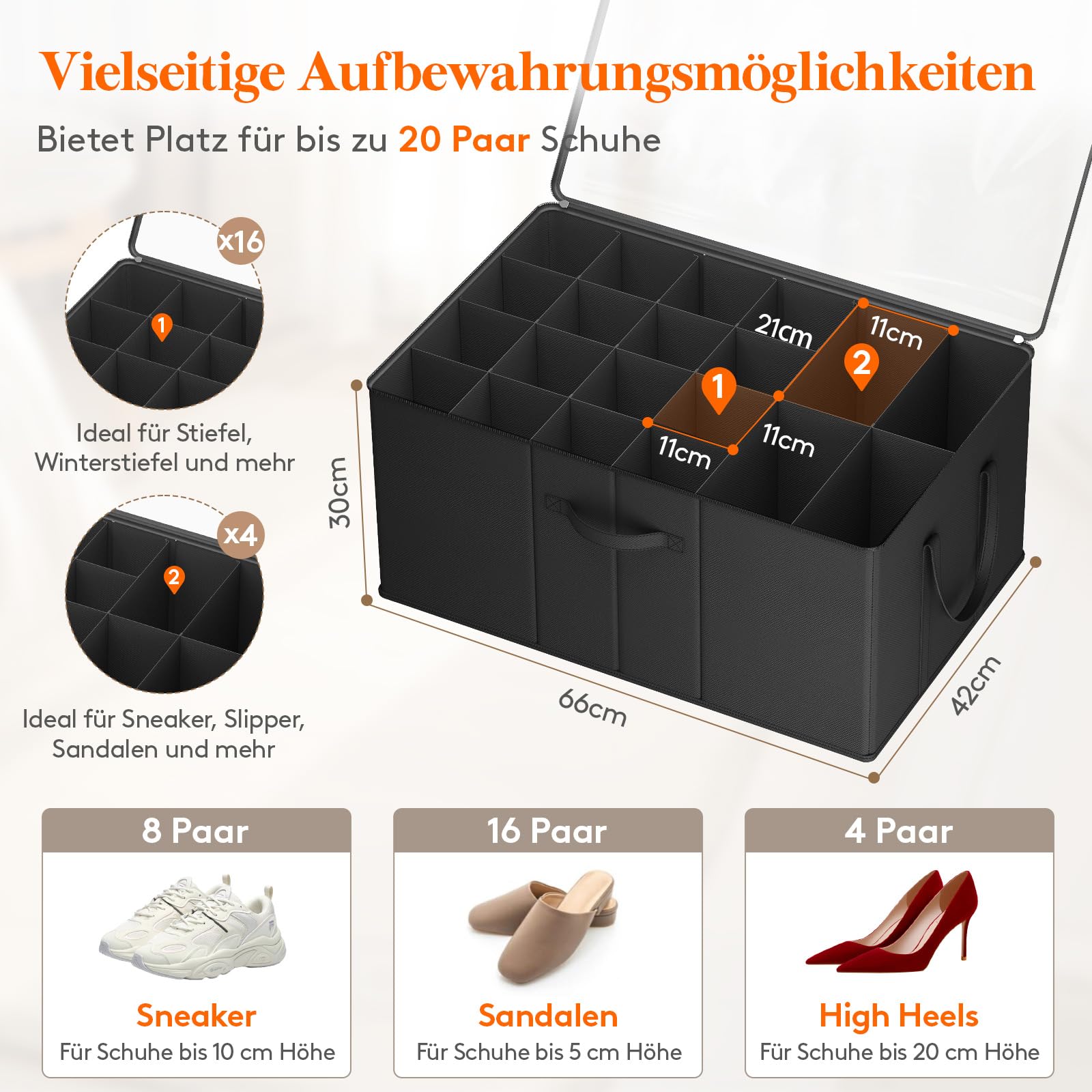 Lifewit Faltbarer Schuhorganizer mit Durchsichtigem Deckel, 1er, Schwarz