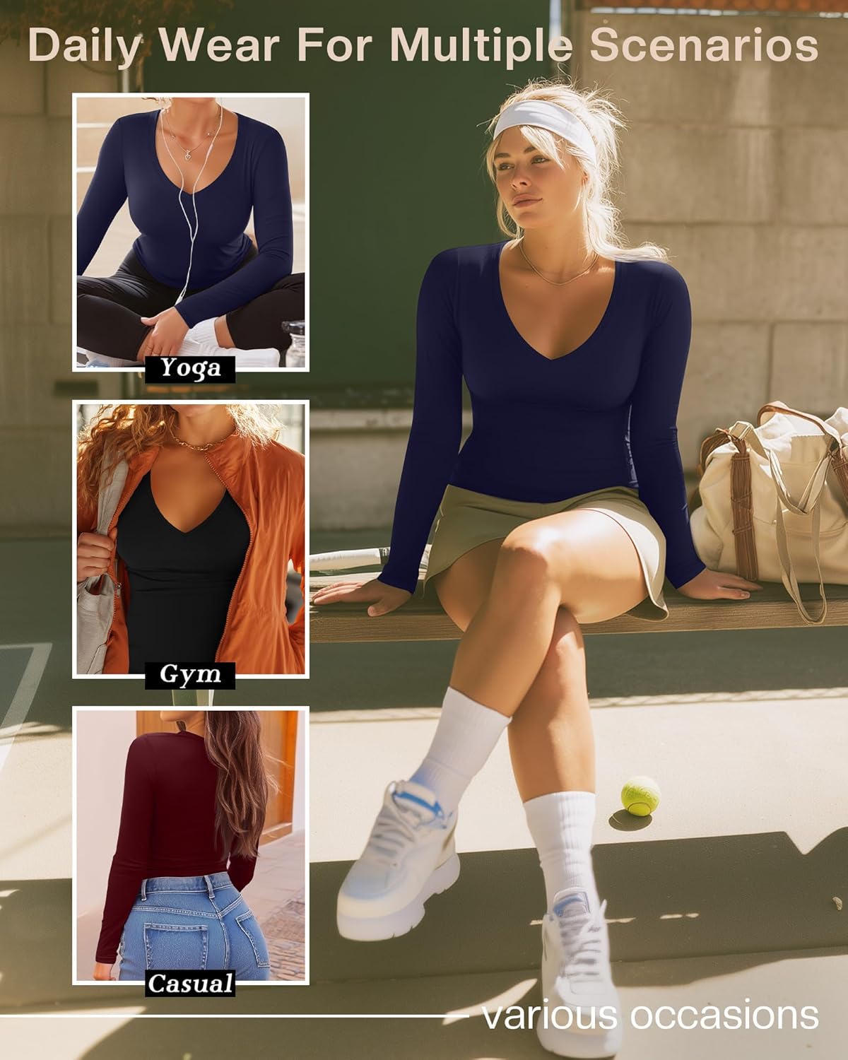 3 Pack Women's Plus Size Shirts, Deep V Neck Long Sleeve Tops Slim Fit Cotton Blend T-Shirts Casual Basic Layer Tee - Image 4