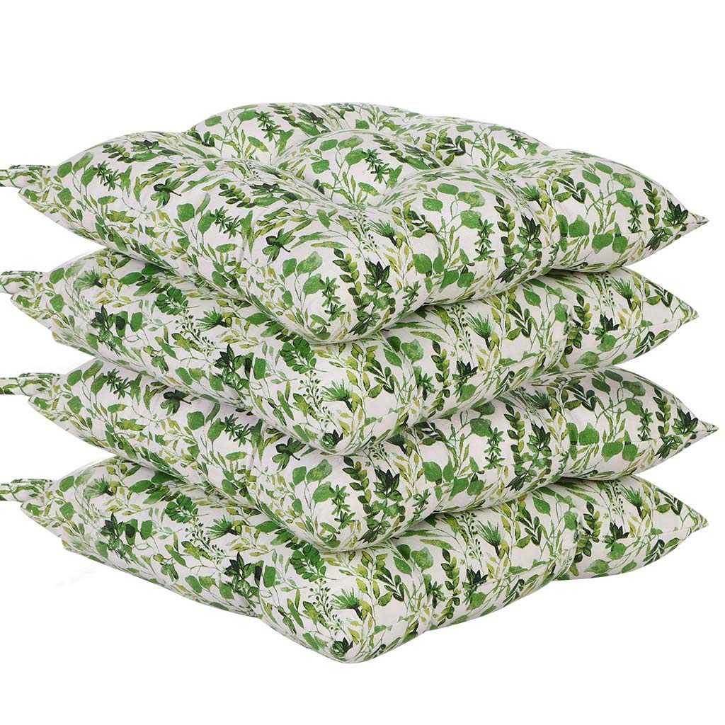 Dibor Dining Chair Seat Pad Set - 4 Tie On Chair Cushions (Green Leaves) — image 1