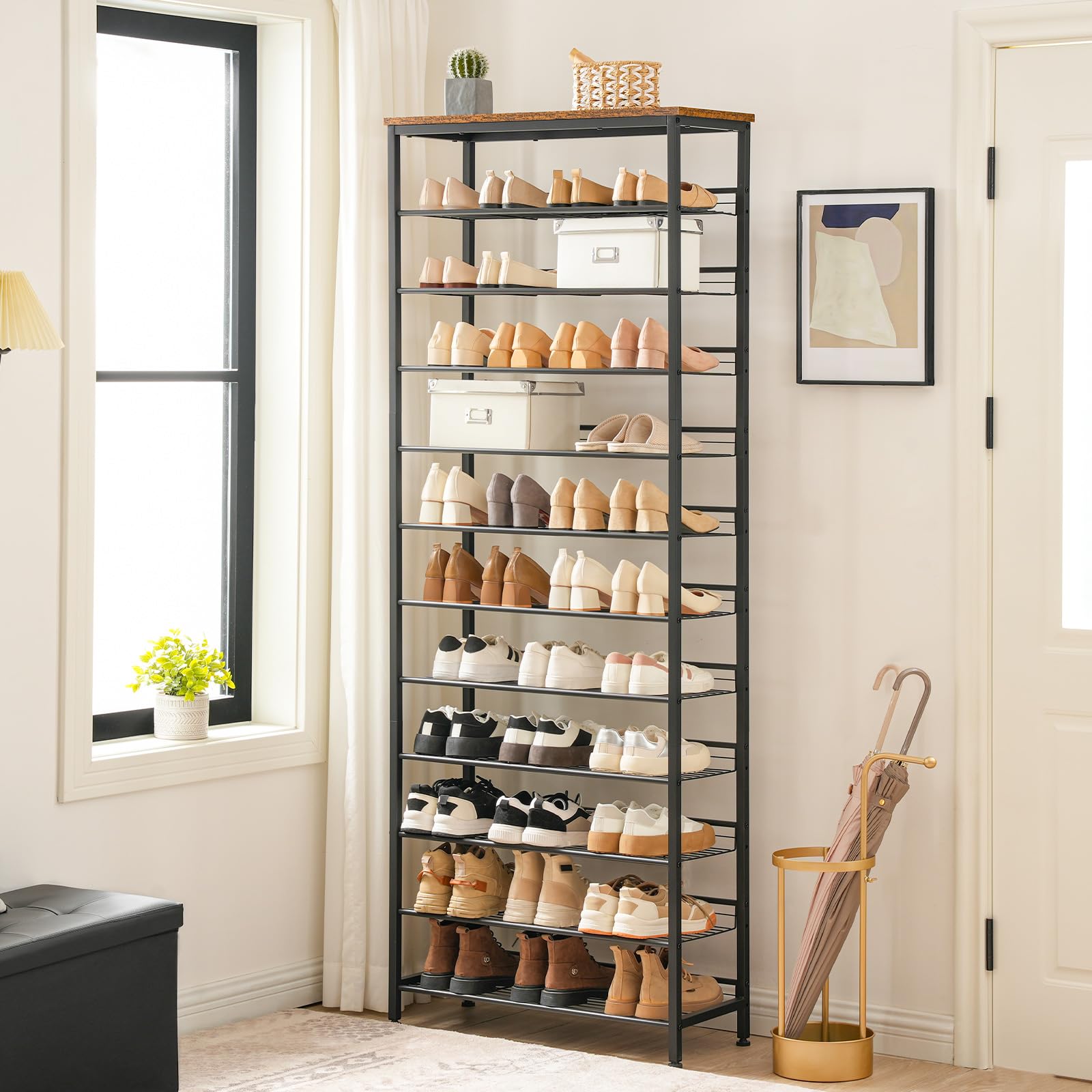HOOBRO Großes Schuhregal, 12 Etagen Schuhablage, Schuhschrank hoch, für 35-45 Paar Schuhe, mit schrägen Gitterregalen, Metallrahmen, für Flur, Garderoben, Eingang, Dunkelbraun-Schwarz EBF51XJ01