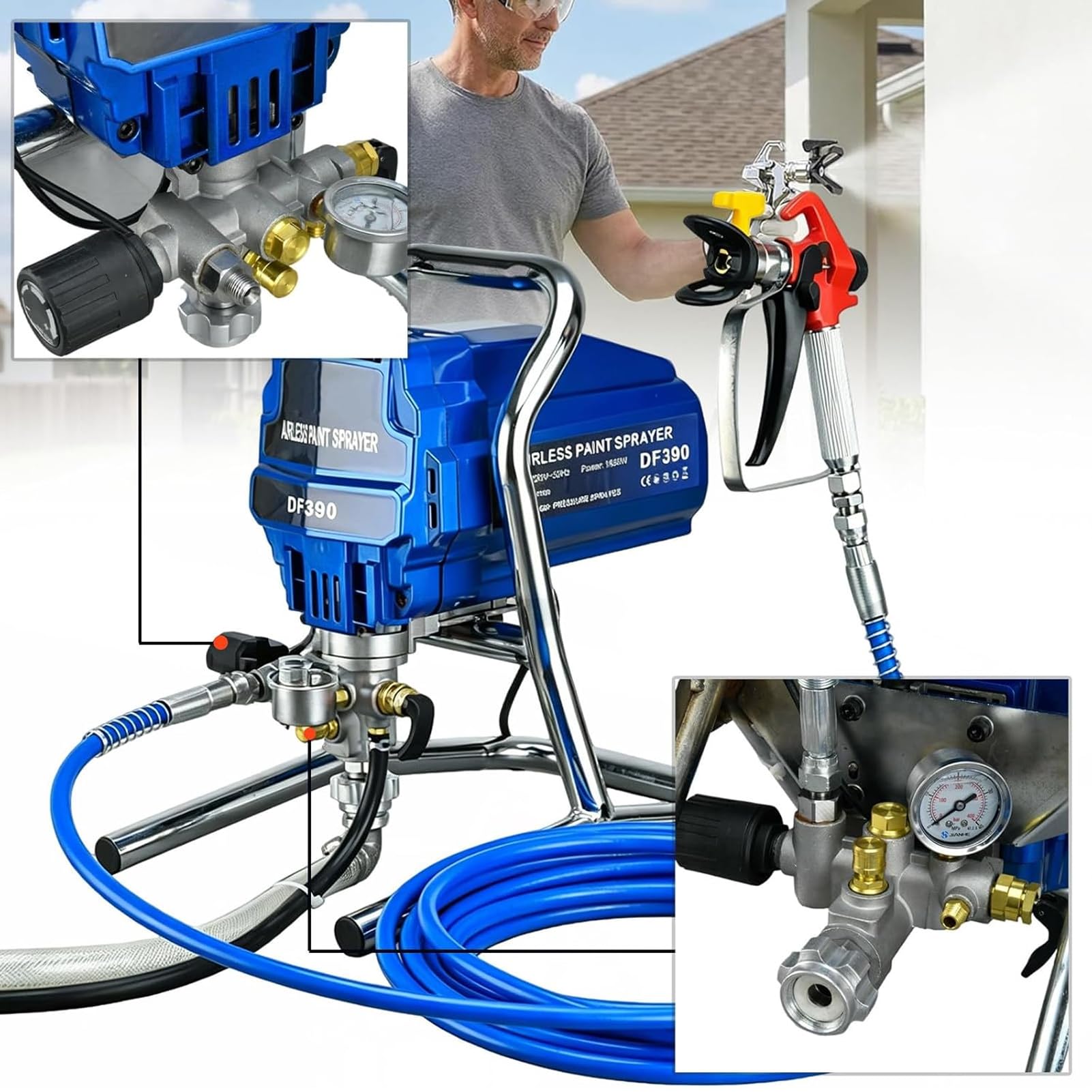 Pulverizador Airless 3000psi De Alta Eficiencia Sin Dilución, Pistola De Pintura Alto Rendimiento con Manguera De 5m, para Hogar, Jardín, Patio Y Uso Comercial Exterior