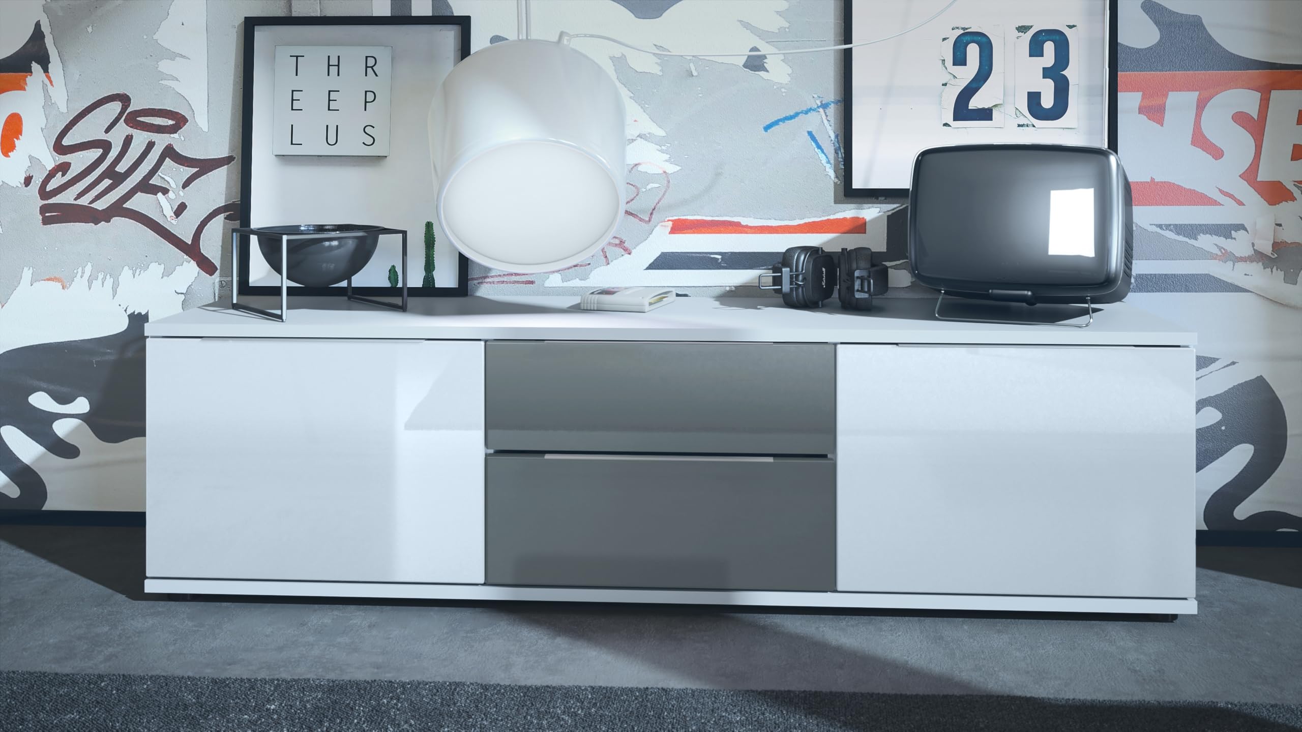 Vladon TV Lowboard Linio V1, Fernsehtisch mit 2 Türen und 2 Schubladen – Weiß/Grau Hochglanz (138,5 x 37,5 x 35 cm)