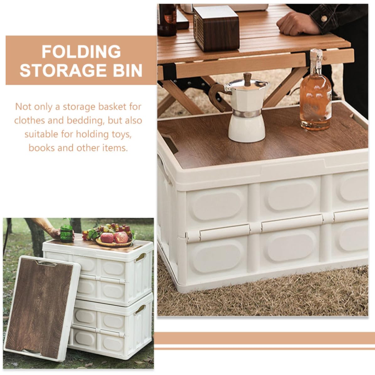 Caja de Almacenamiento Plegable, Contenedor de Almacenamiento, Pequeño 38,5x27x21cm, Pp y Tablero de Madera, Tapa, Blanco, para Ropa y Ropa de Cama, para Camping y Maletero