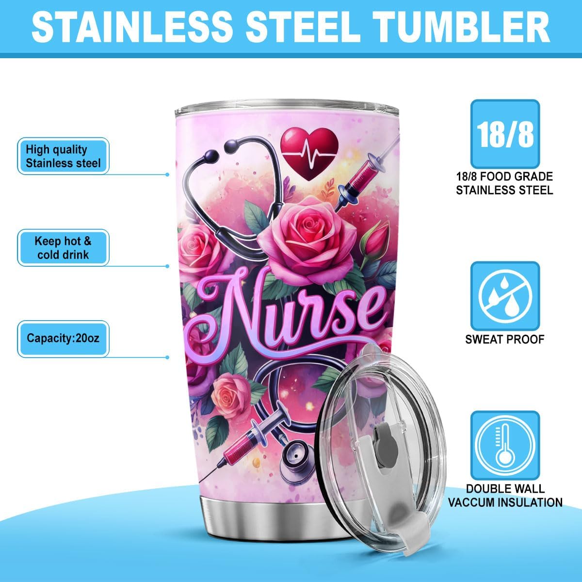 Nurse Appreciation Gift 20oz Tumbler, Floral Medical Design, Stainless Steel Insulated Cup with Nutrition Facts Graphic, Ideal for RN LPN CNA Graduation Week or Thank You Present - Image 7