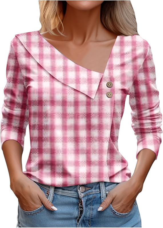 LRMQS Tops de primavera para mujer 2024, blusas informales de moda de manga larga asimétricas con cuello en V, blusas con botones, camisas elegantes para mujer, ropa