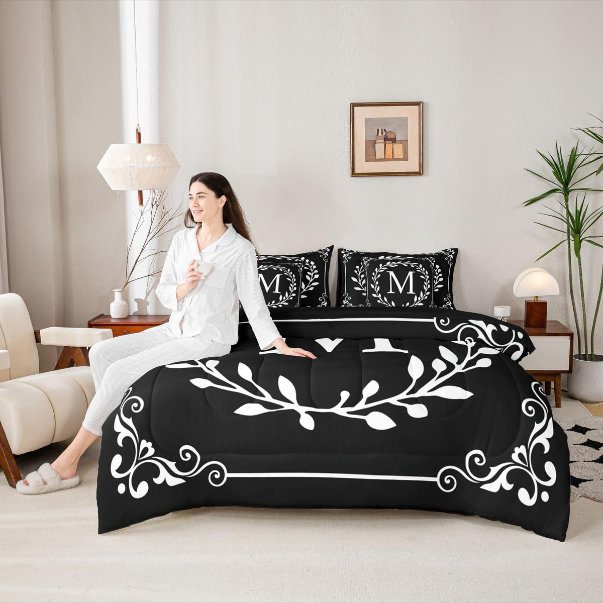 Erosebridal Monogram Letter M Comforter Set With Sheets Black White 7 Piece Bedding Set King Size Boho Damask Floral Bed In A Bag Personalized Gifts For Adult Women Teens Kids Botanical Flower Bed Set