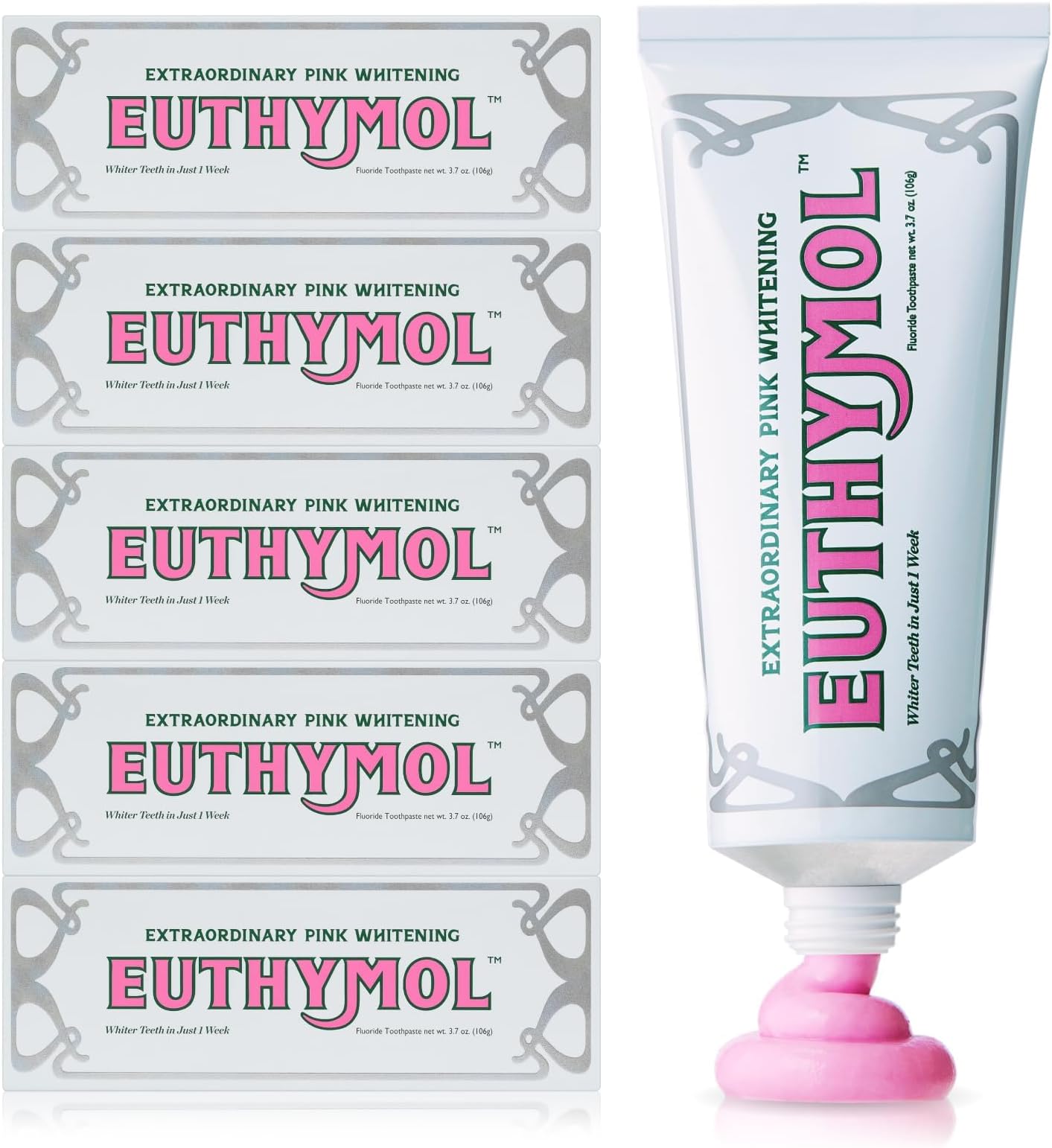 Whitening Toothpaste (3.7fl oz, Pack of 5) - Stain Removal in 2 Weeks, Long-Lasting Freshness for Sensitive Gum & Teeth. Bad Breath, Cavity Prevention. Recyclable Aluminum Tube.