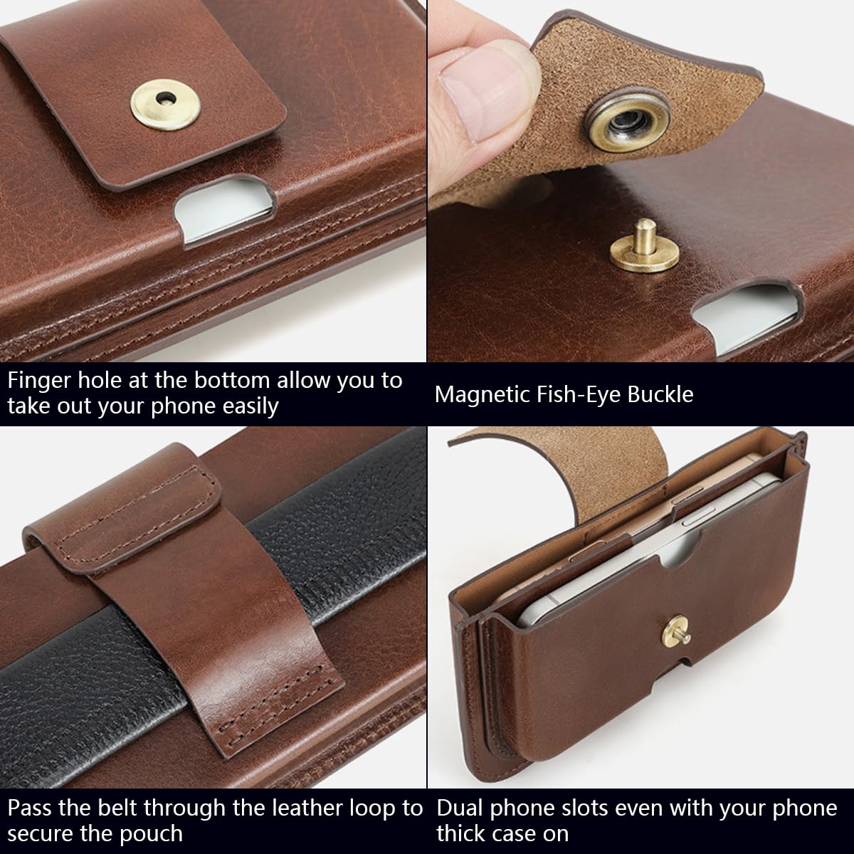 Herren Echtleder Handy Holster Gürteltasche, Handgefertigte 6.1/6.9 Zoll Dual Pocket Handy Gürtelholster, Kompakte Horizontale Handyholster Tragetasche für iPhone 16 15 14 Plus 13 12 Pro Max Coffee
