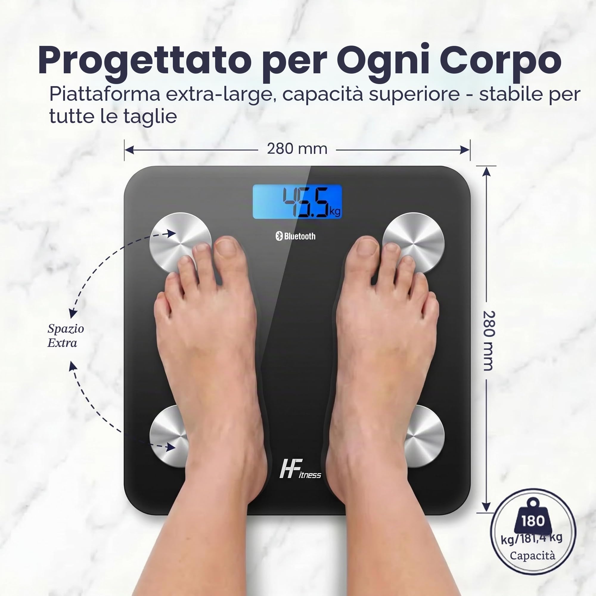 HF Bilancia Pesapersone Professionale Impedenziometrica Bluetooth Digitale con App Misura Peso Corporeo, Massa Grassa, BMI, Massa Muscolare, Massa Ossea, Proteine (Nero con retroilluminazione blu)