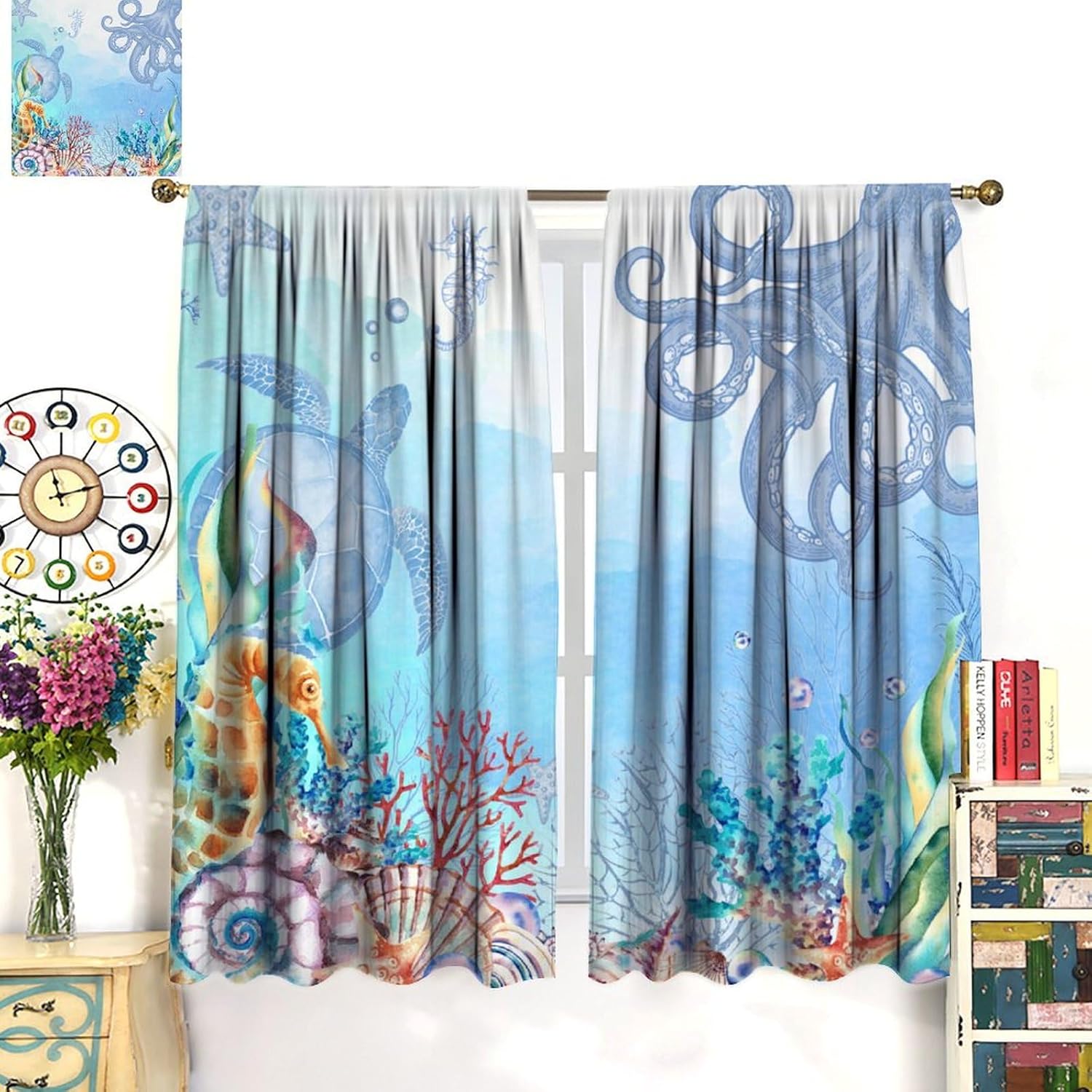 Nautical Green Sea Curtains, Octopus Turtles Starfish Shell Blue Ocean Beach Coastal Tropical Colorful Coral Blackout Window Treatments Drapes for Kids Boys Bedroom Living Room 42x45in