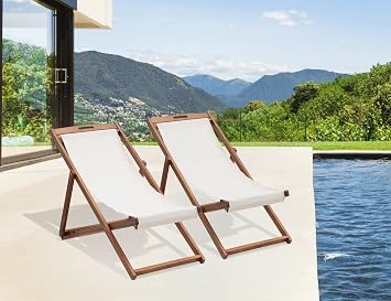 Beach Chair Lounge Chair 2 Set Outdoor Wooden Patio Beach Sling Chair Adjustable Portable Folding Chairs for Outside with Polyester Canvas Lounging Chair for Garden, Backyard, Poolside, BalconyKhaki