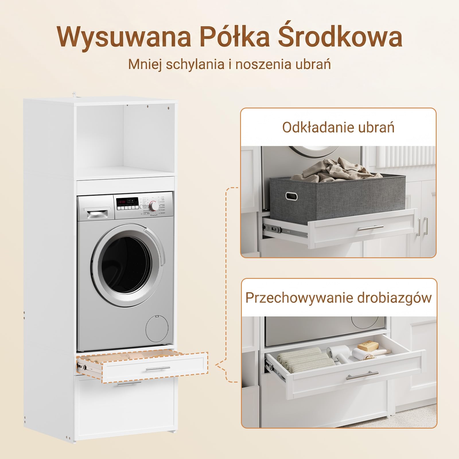 SoBuy Szafka na pralkę z wysuwanym drążkiem na ubrania, 66 x 60,5 x 186 cm