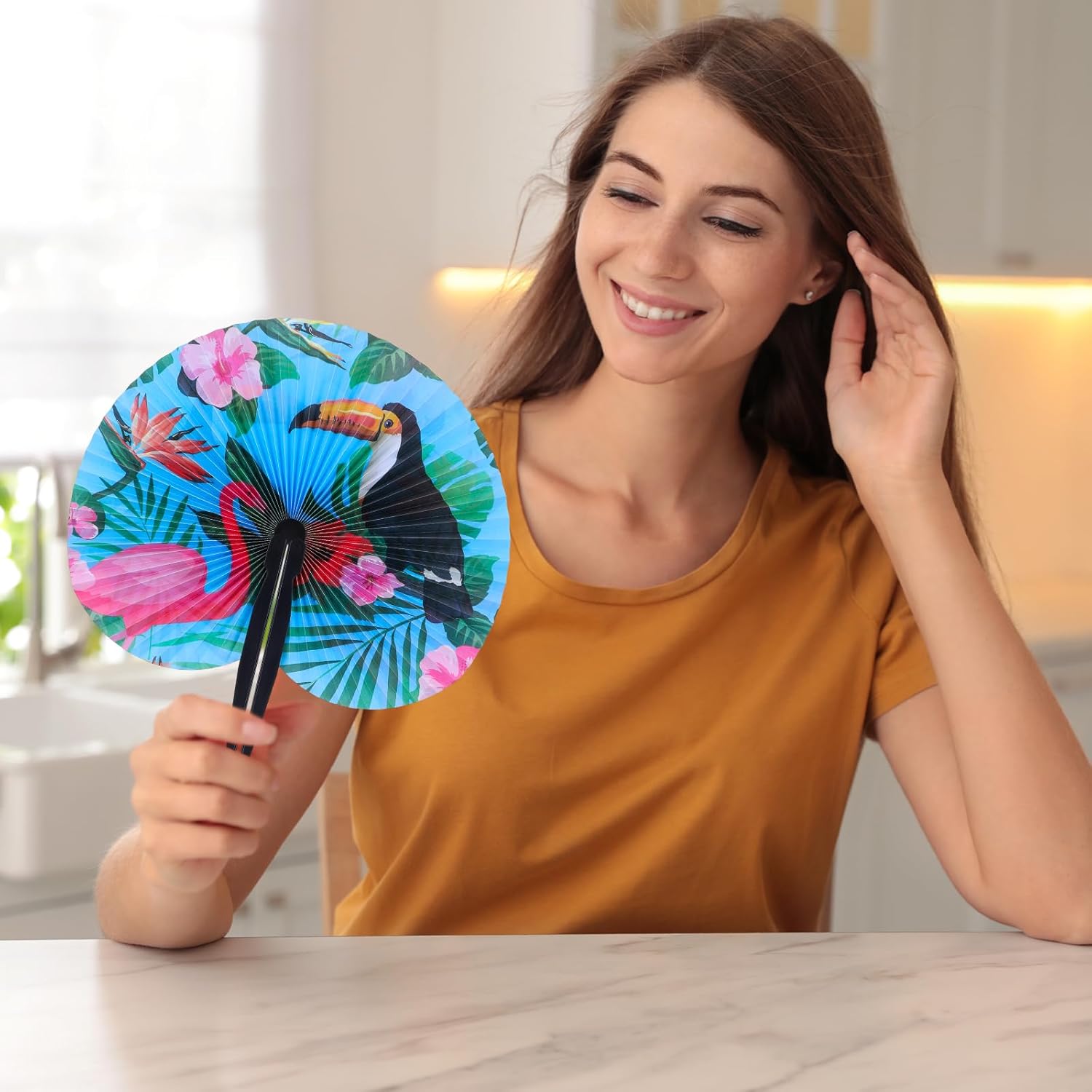 Threehoney 36 Pcs Hawaiian Hand Fans Tropical Luau Folding Paper Fans Handheld with Plastic Handle Hibiscus Flamingo Decorative for Summer Holiday Wedding Decorations Aloha Party Supplies