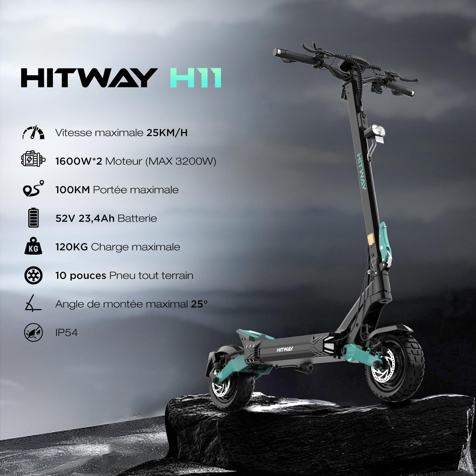 HITWAY H11 Trottinette Électrique Adulte 2 * 1600W - Autonomie 110KM, Batterie 52V 23.4Ah - Scooter Tout-Terrain 10 Pouces Tubeless - Double Suspension, Max 120kg - Pliable - APP et NFC