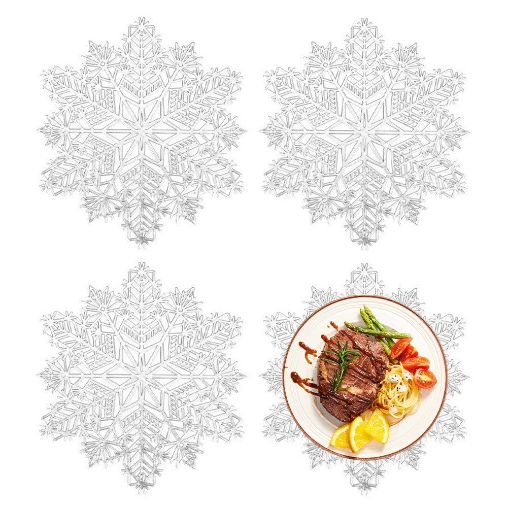 Casiler Silver 4 Pcs Snowflake Placemat Hollow Out Christmas Snowflake Place Mats Non-Slip Table Mat For Holiday Dinner Table Decorations