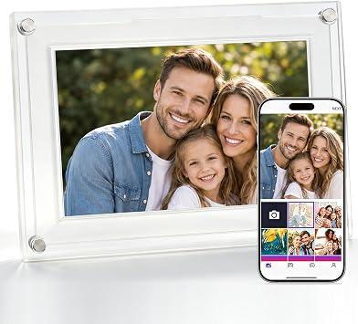 Uhale 7 Inch Acrylic WiFi Digital Picture Frame, 32GB Crystal Clear Smart Photo Frame with Auto-Rotate, Instant App/Email Share, No Subscription, Frameless Aesthetic Desk Decor, Gift for Couples & Mom