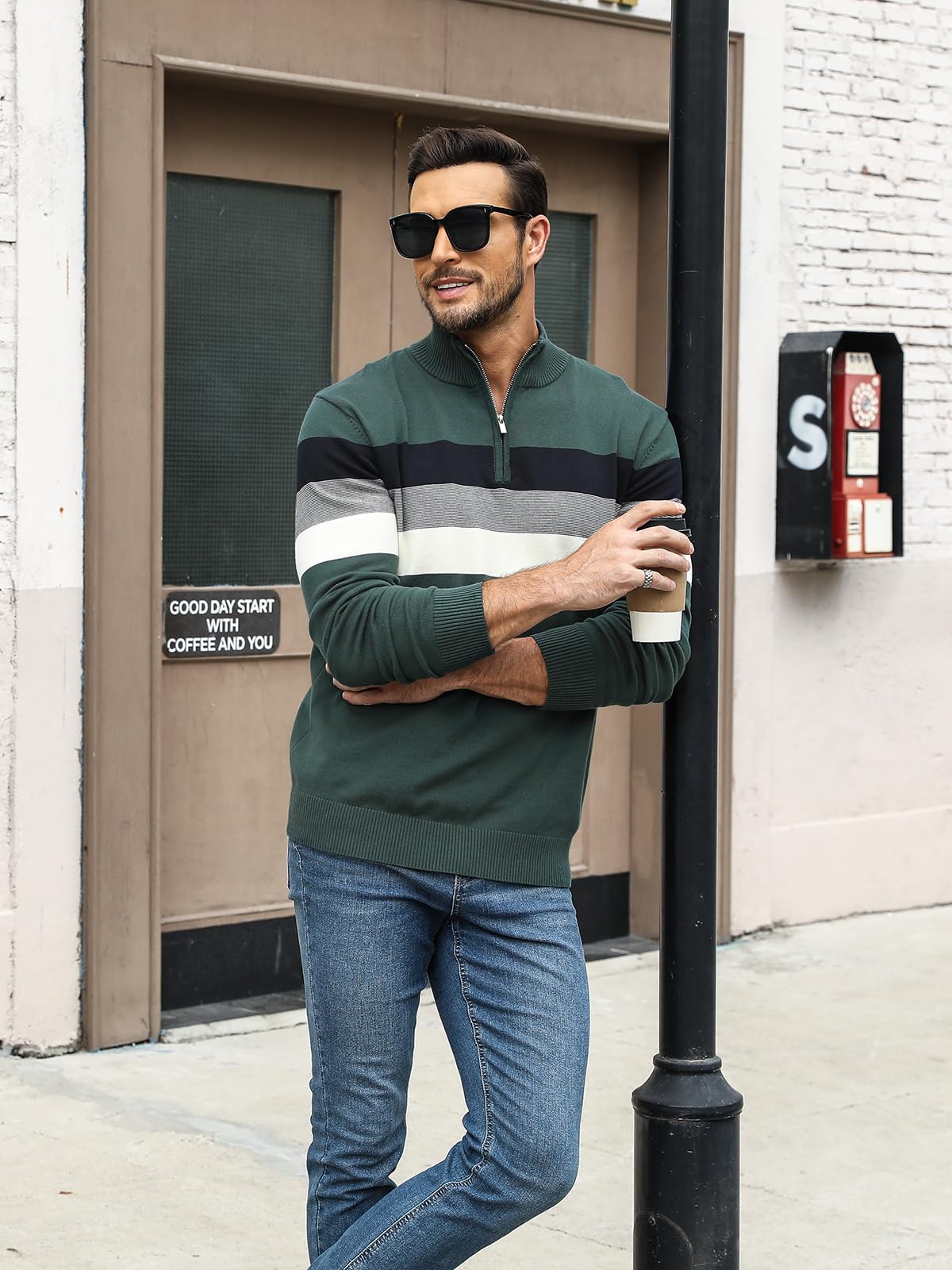Superora Maglione a Righe da Uomo 100% Cotone Invernale Pullover Manica Lunga Collo Alto con 1/4 Zip