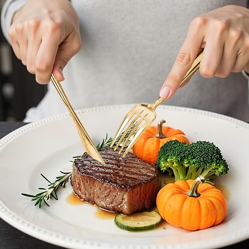 Miniatura 4 de MirthMood - 36 cubiertos de plástico dorados, cubiertos dorados desechables, utensilios desechables resistentes, juego de cubiertos de plástico,