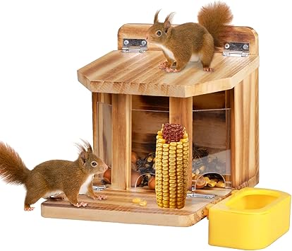 MIXXIDEA Wooden Squirrel Feeder with Water Bowl, Large Capacity Squirrels Feeders for Outside, Sturdy Construction, No Assembly Lovely Chipmunk Feeder for Corn, Peanut, Nuts, Chestnuts (Brown-1pk)