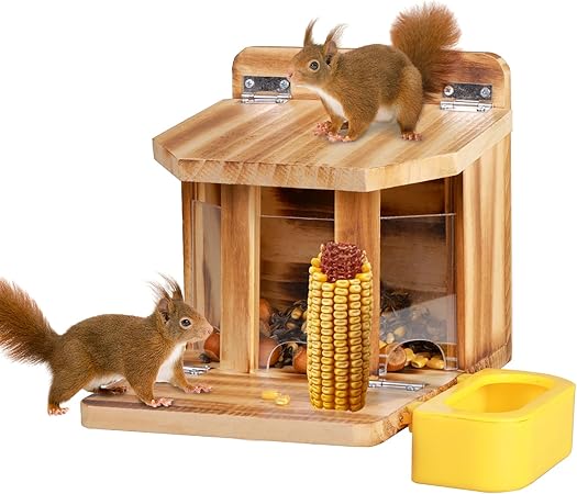 MIXXIDEA Wooden Squirrel Feeder with Water Bowl, Large Capacity Squirrels Feeders for Outside, Sturdy Construction, No Assembly Lovely Chipmunk Feeder for Corn, Peanut, Nuts, Chestnuts (Brown-1pk)