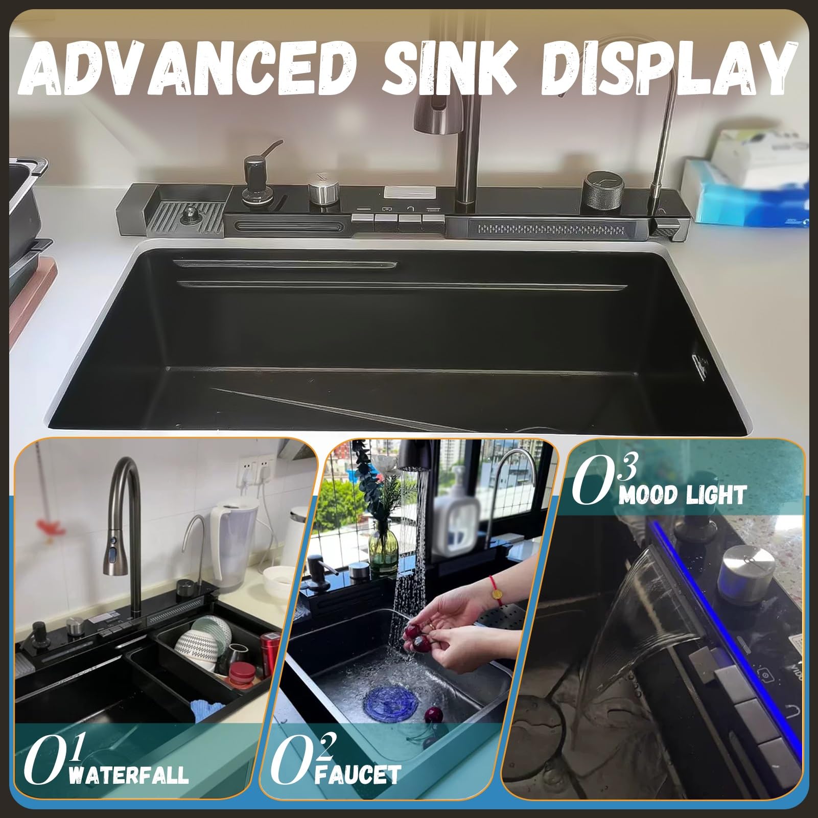 RVS Waterval Keuken Spoelbak Combo Met Uittrekbare Kraan Nano-gecoate Topmontage Enkele Bar Kom Spoelbak, Werkplek Spoelbak Met Accessoires, Hogedrukpan Reiniger(Black-Grey B,85x50cm