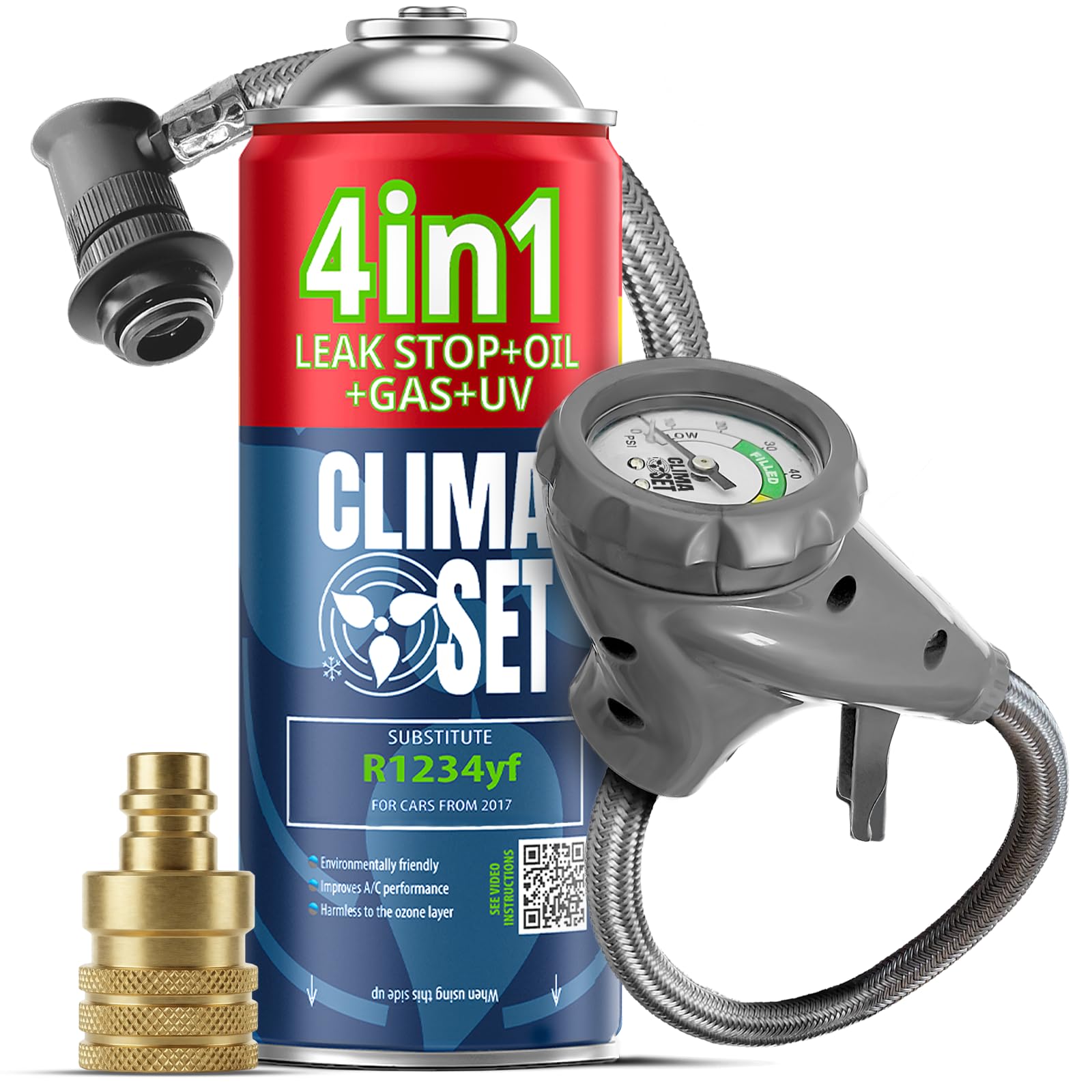 CLIMASET - Automotive AC Recharge Kit - 4in1 R1234yf + hose + YF adapter - For Vehicles After 2016, Featuring a Modern Ergonomic Hose with Pressure Gauge